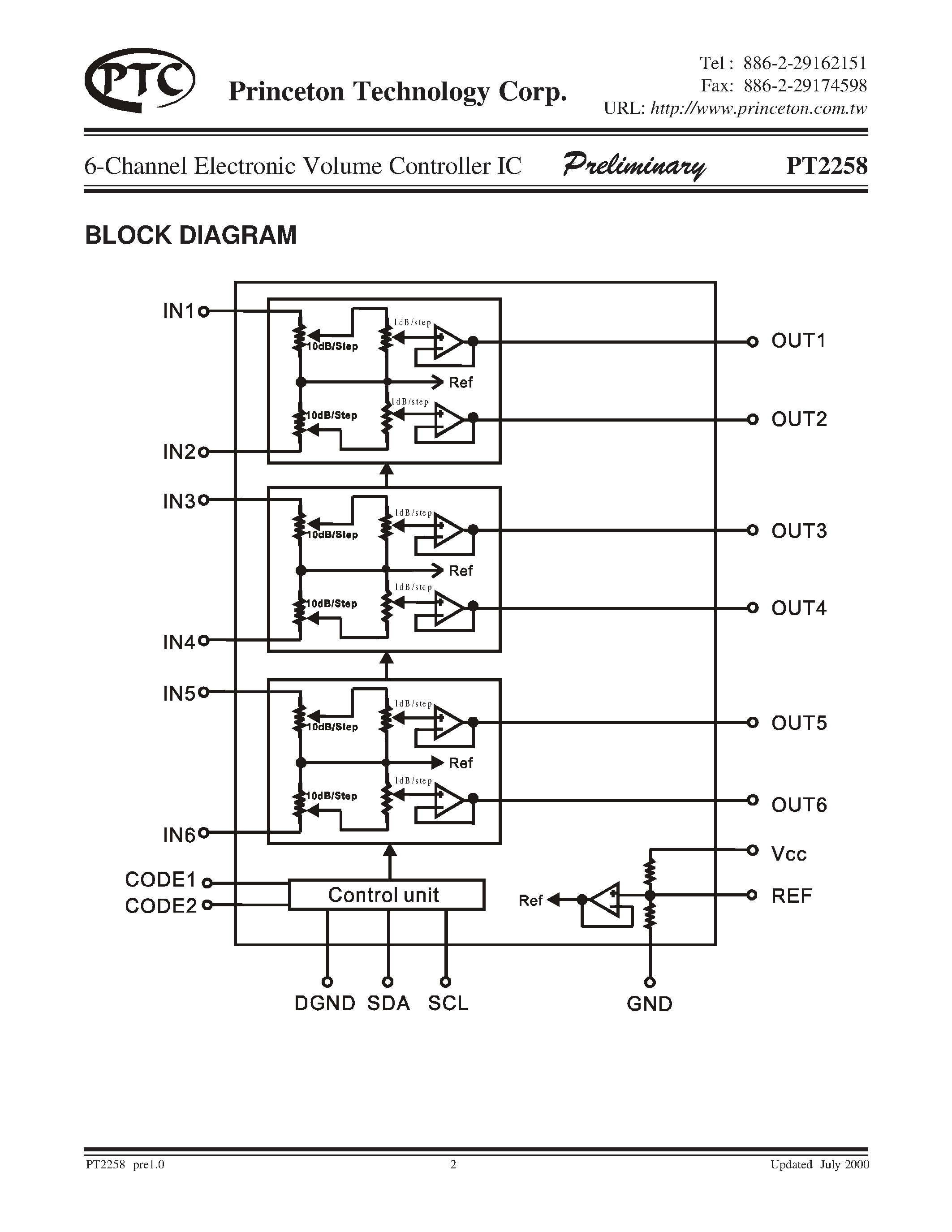 Даташит PT2258 - 6-Channel Electronic Volume Controller IC страница 2