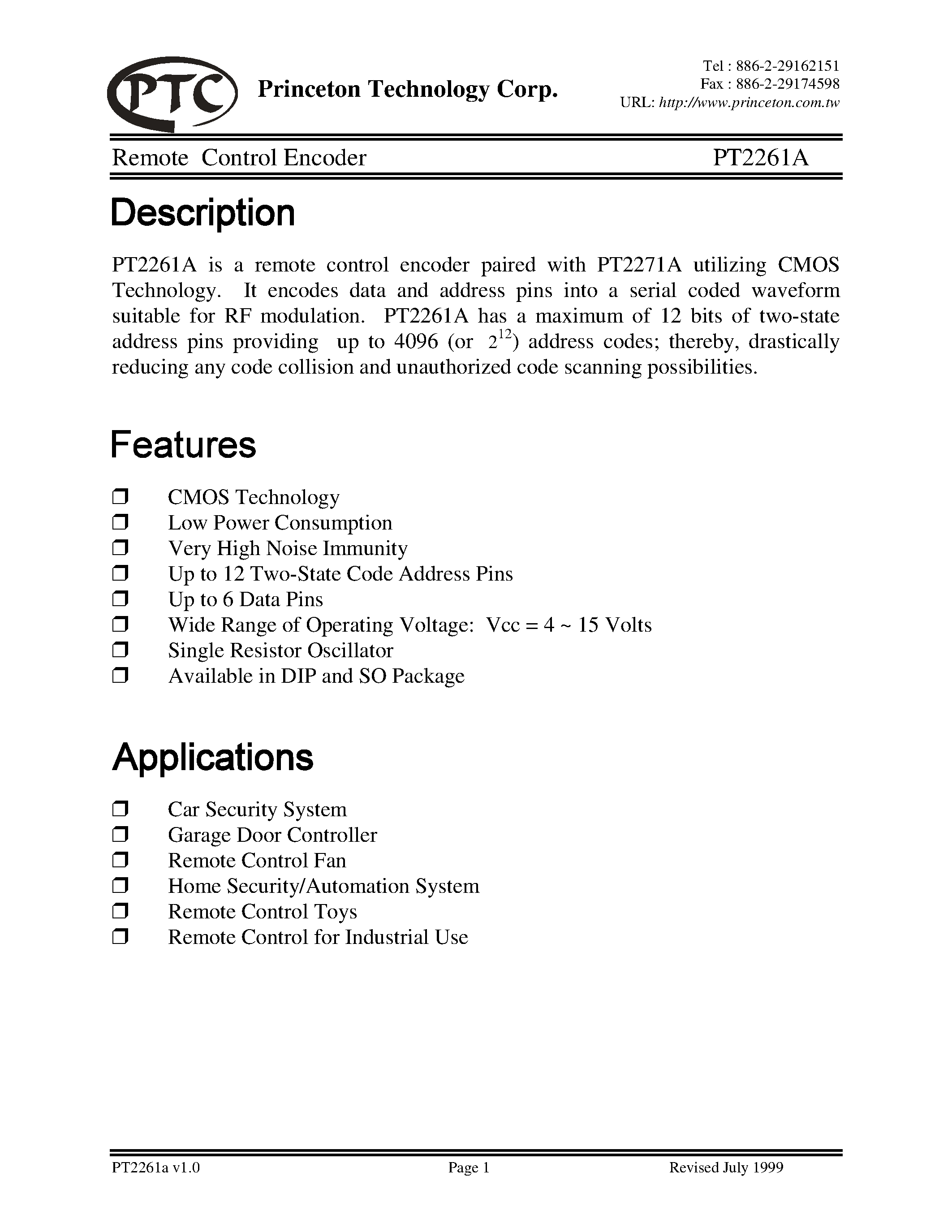 Даташит PT2261A-P - Remote Control Encoder страница 1