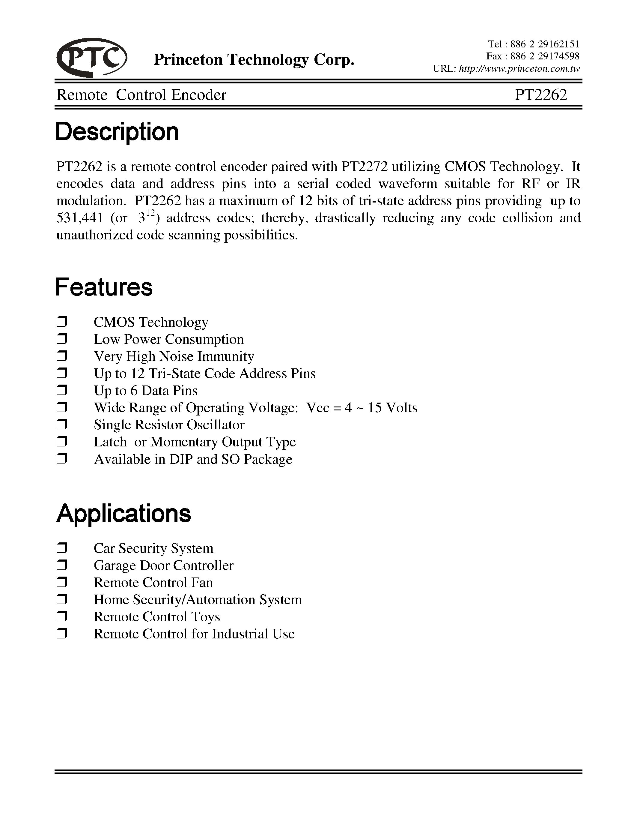 Даташит PT2262-IR-P - Remote Control Encoder страница 1