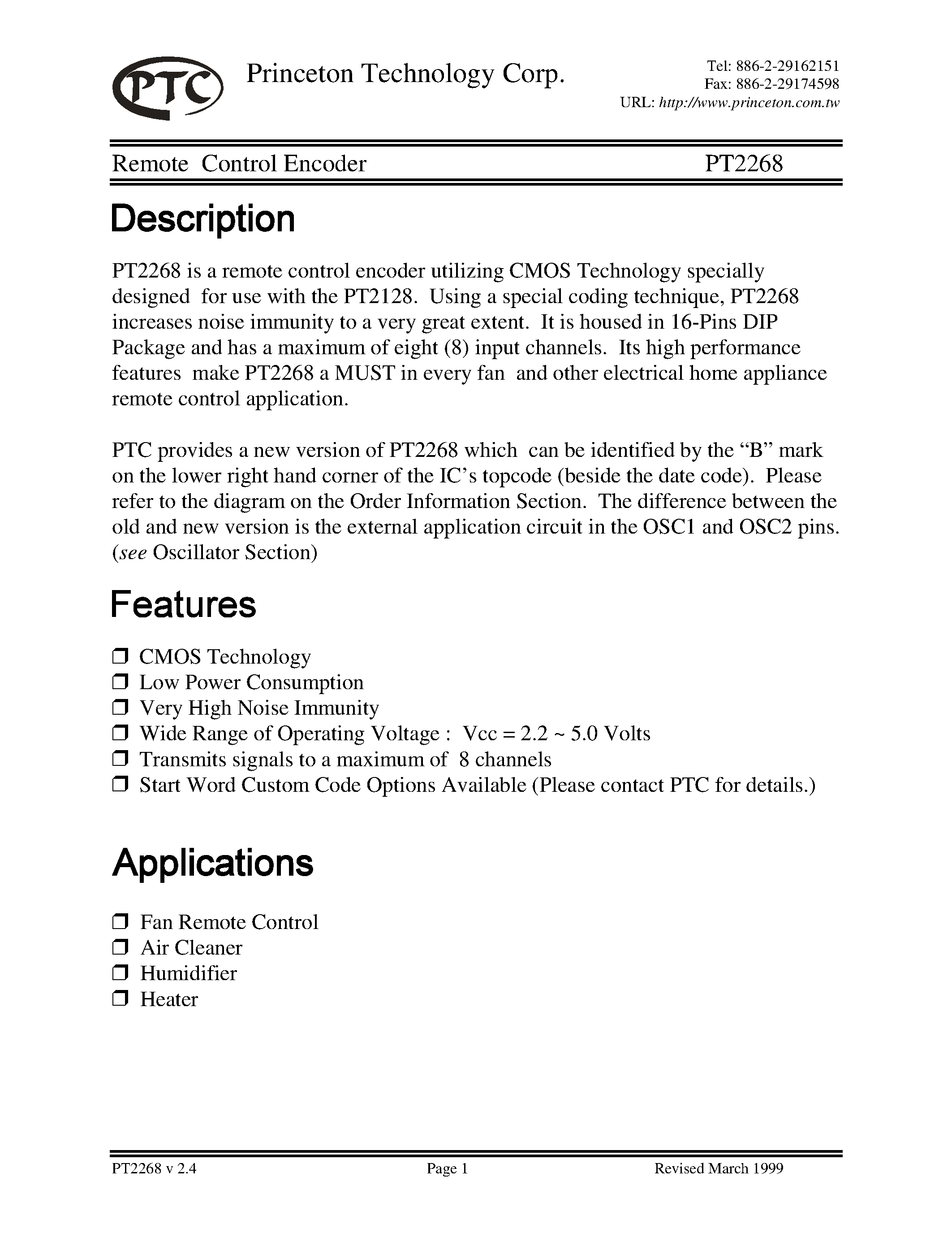 Даташит PT2268-0-P - Remote Control Encoder страница 1