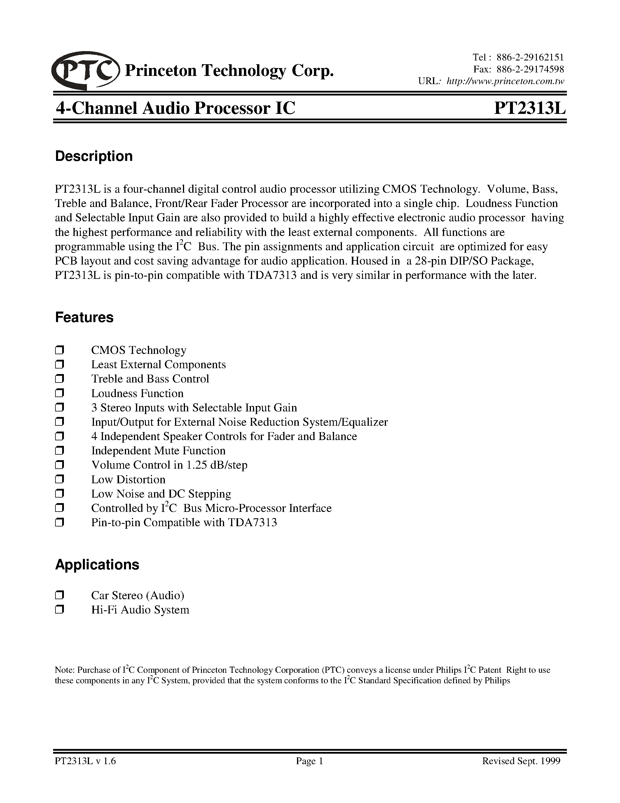 Datasheet PT2313L-D - 4-Channel Audio Processor IC page 1