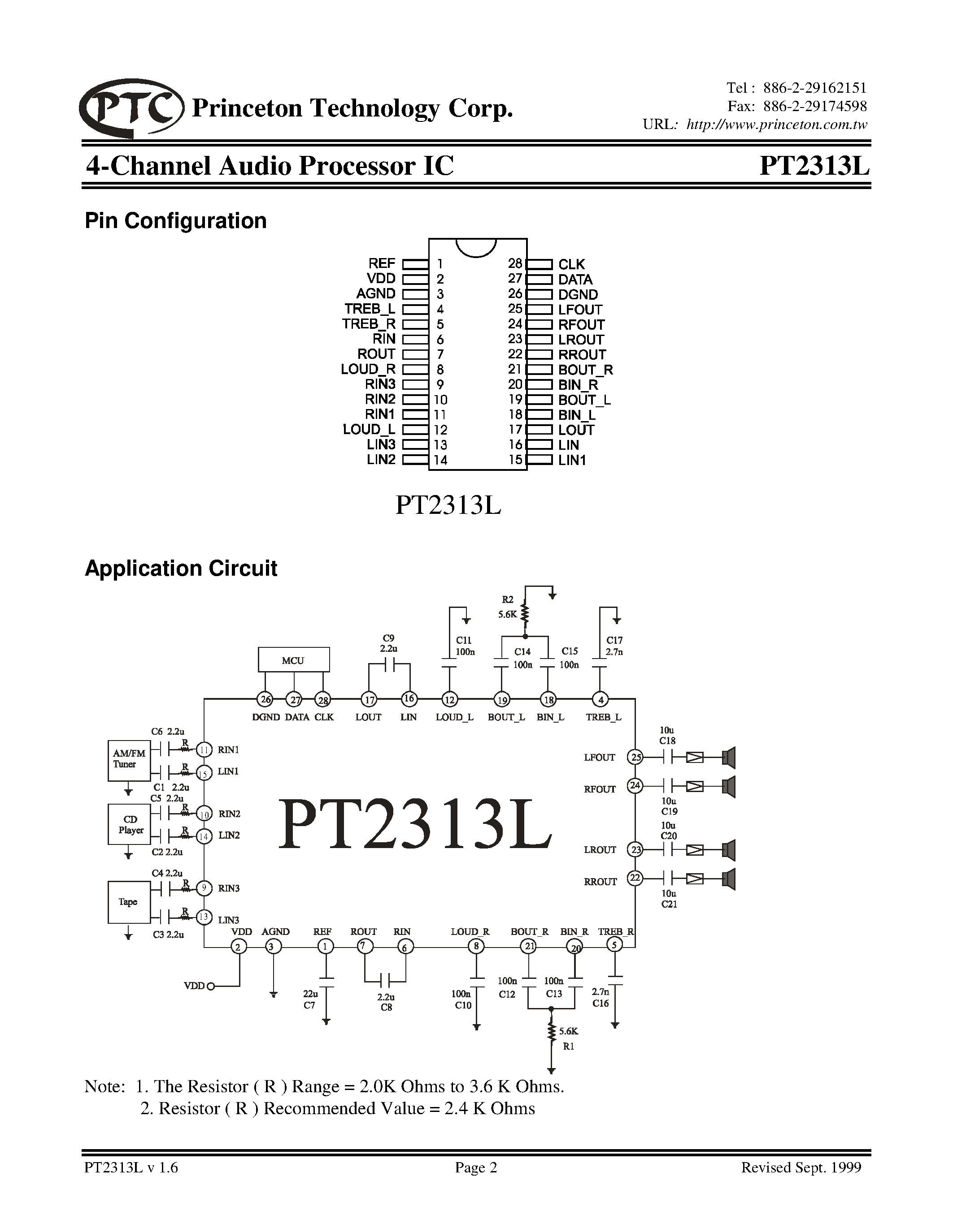 Datasheet PT2313L-D - 4-Channel Audio Processor IC page 2