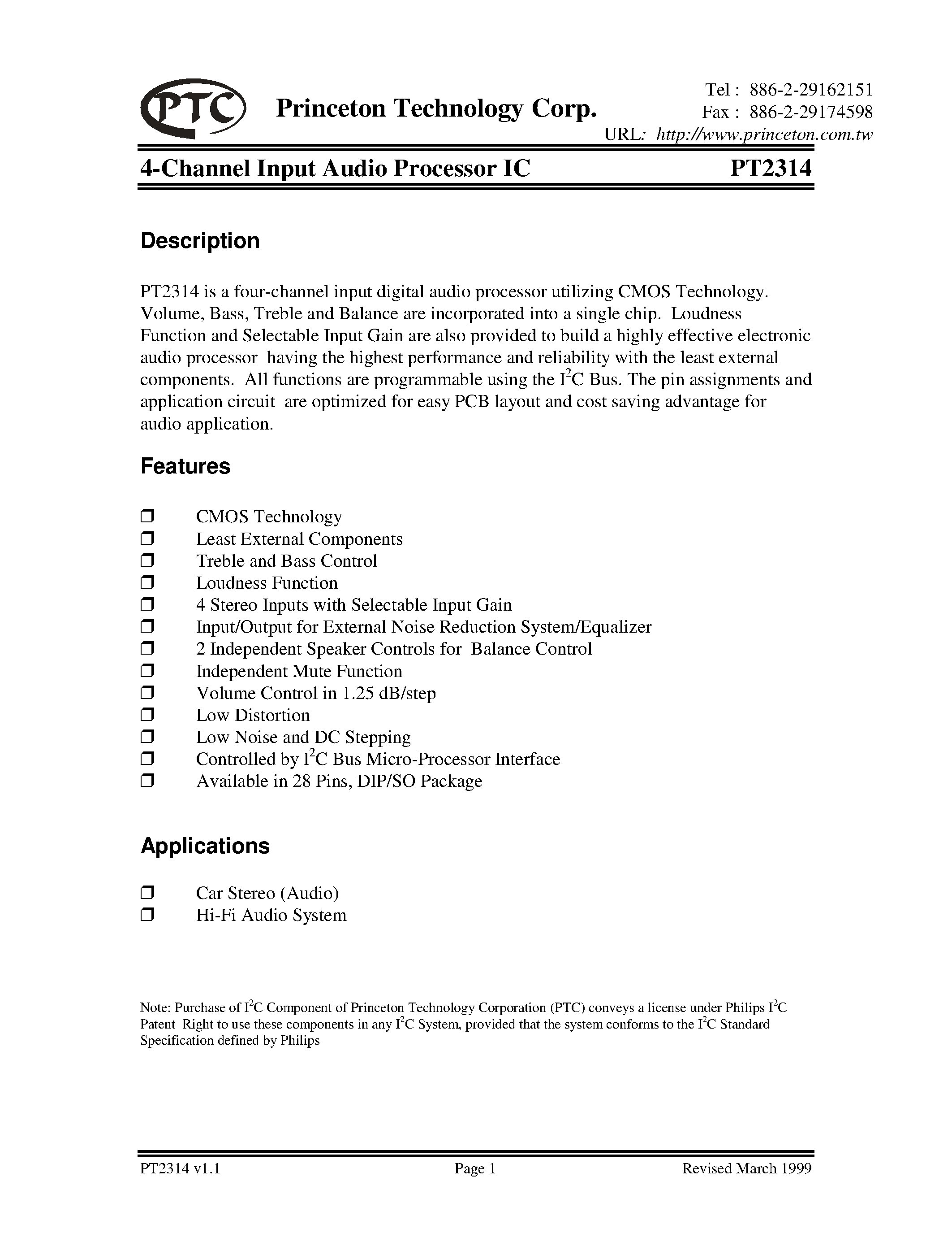 Datasheet PT2314-D - 4-Channel Input Audio Processor IC page 1