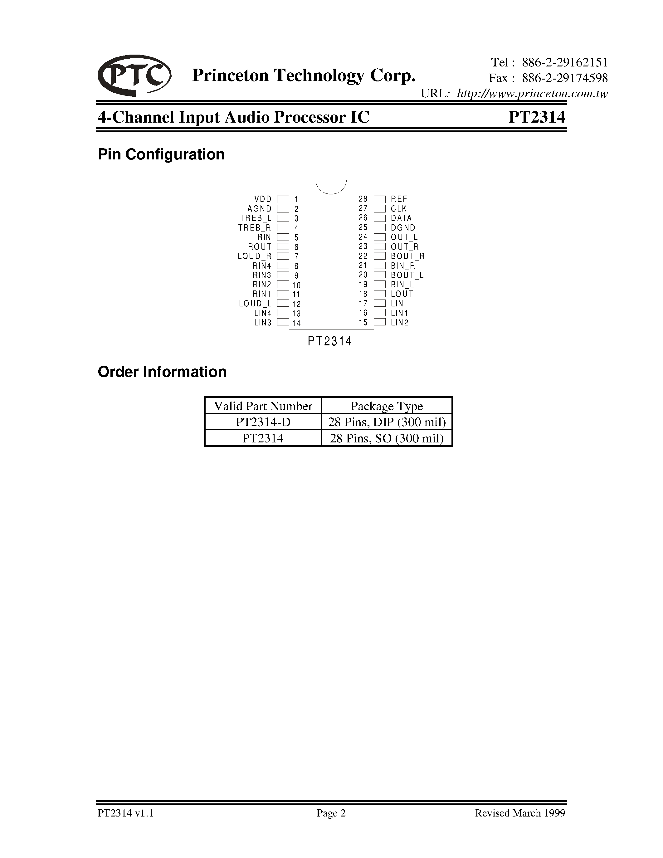 Datasheet PT2314-D - 4-Channel Input Audio Processor IC page 2