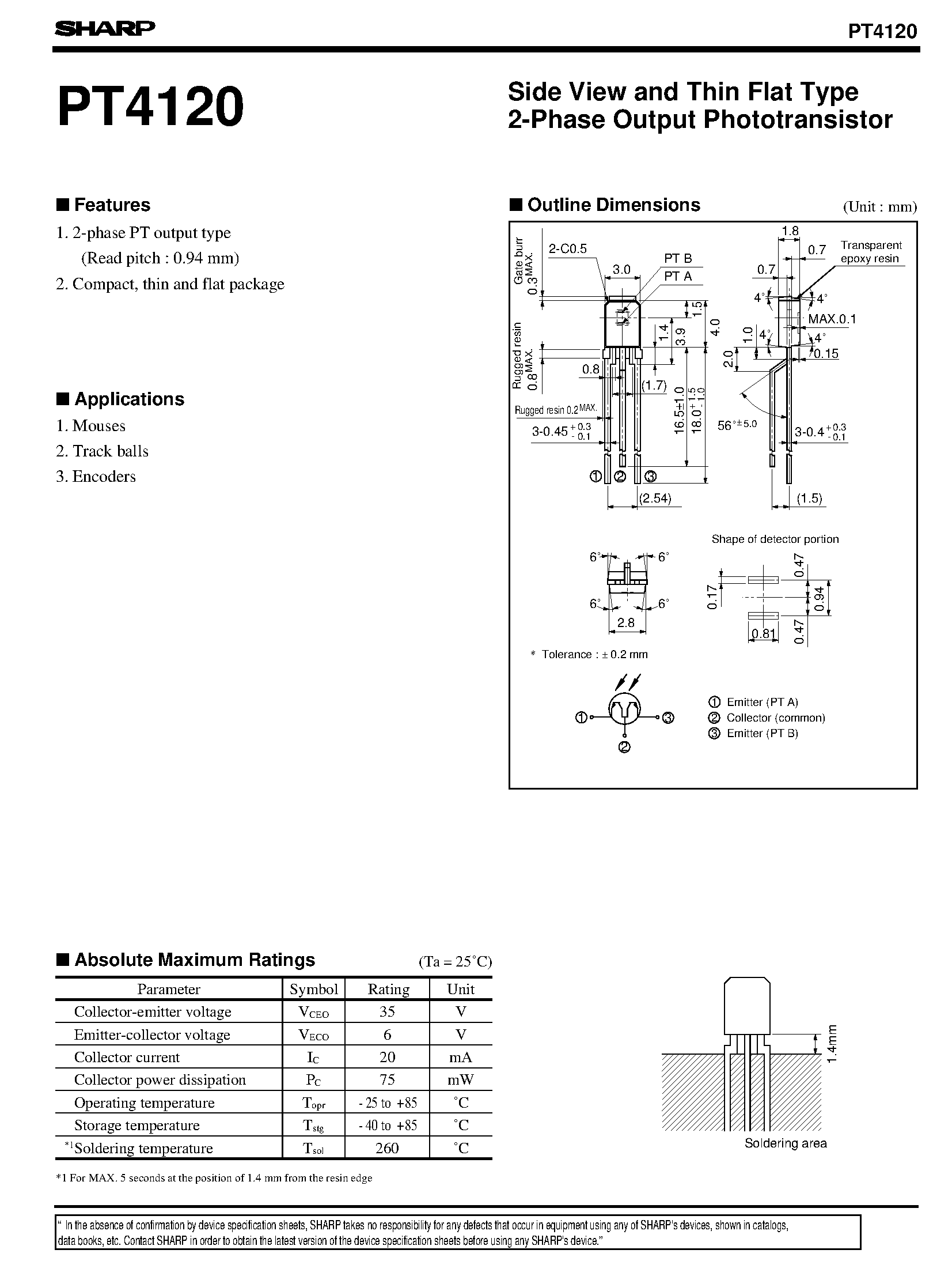 Даташит PT4120 - Side View and Thin Flat Type 2-Phase Output Phototransistor страница 1