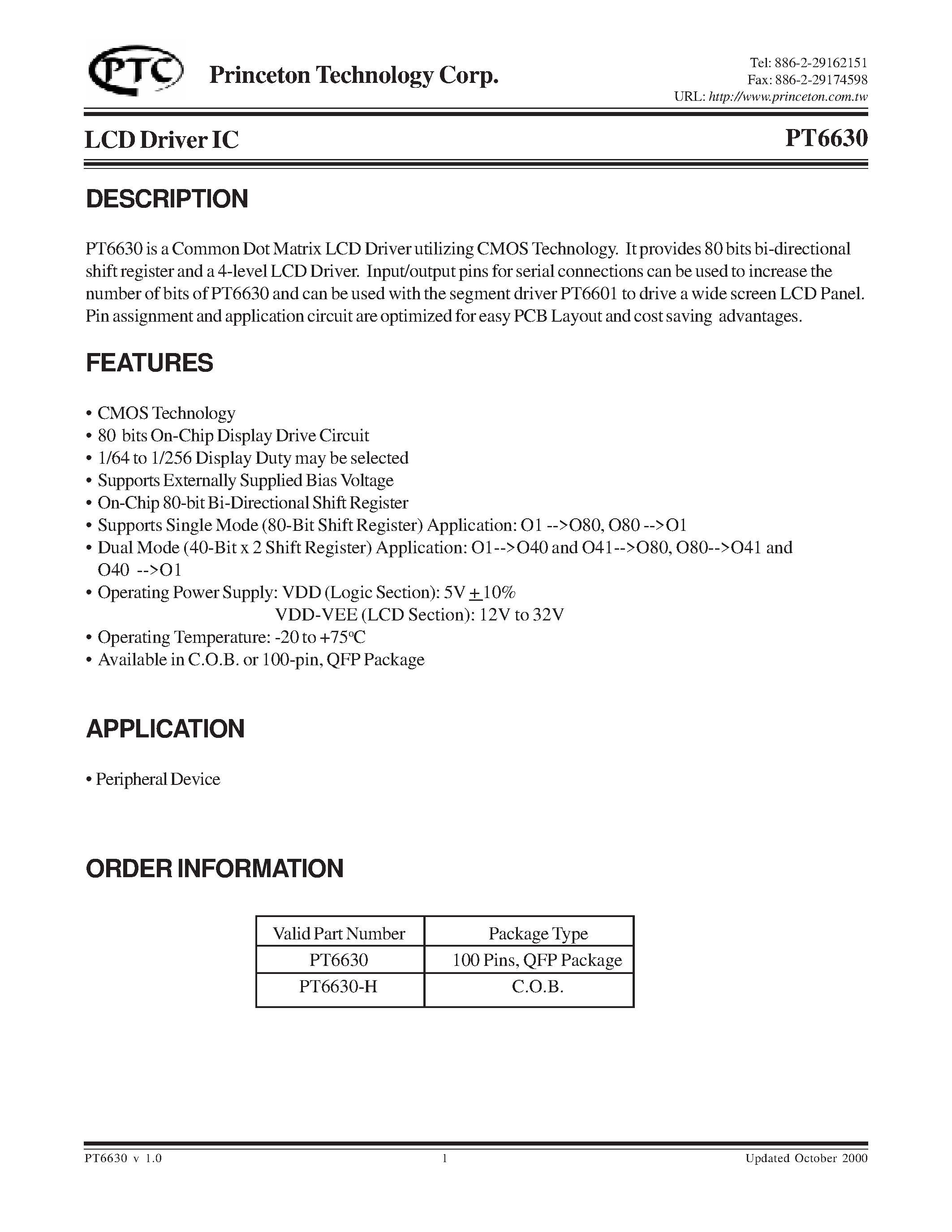 Даташит PT6630-H - LCD Driver IC страница 1