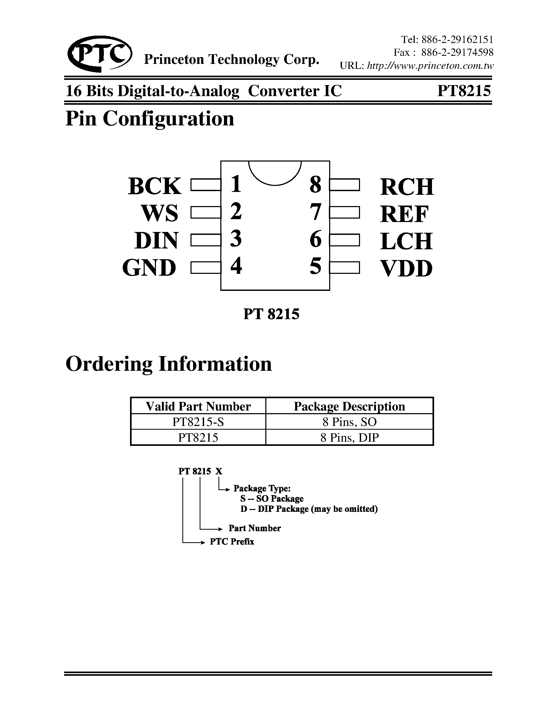 Datasheet PT8215-D - 16 Bits Digital-To-Analog Converter IC page 2