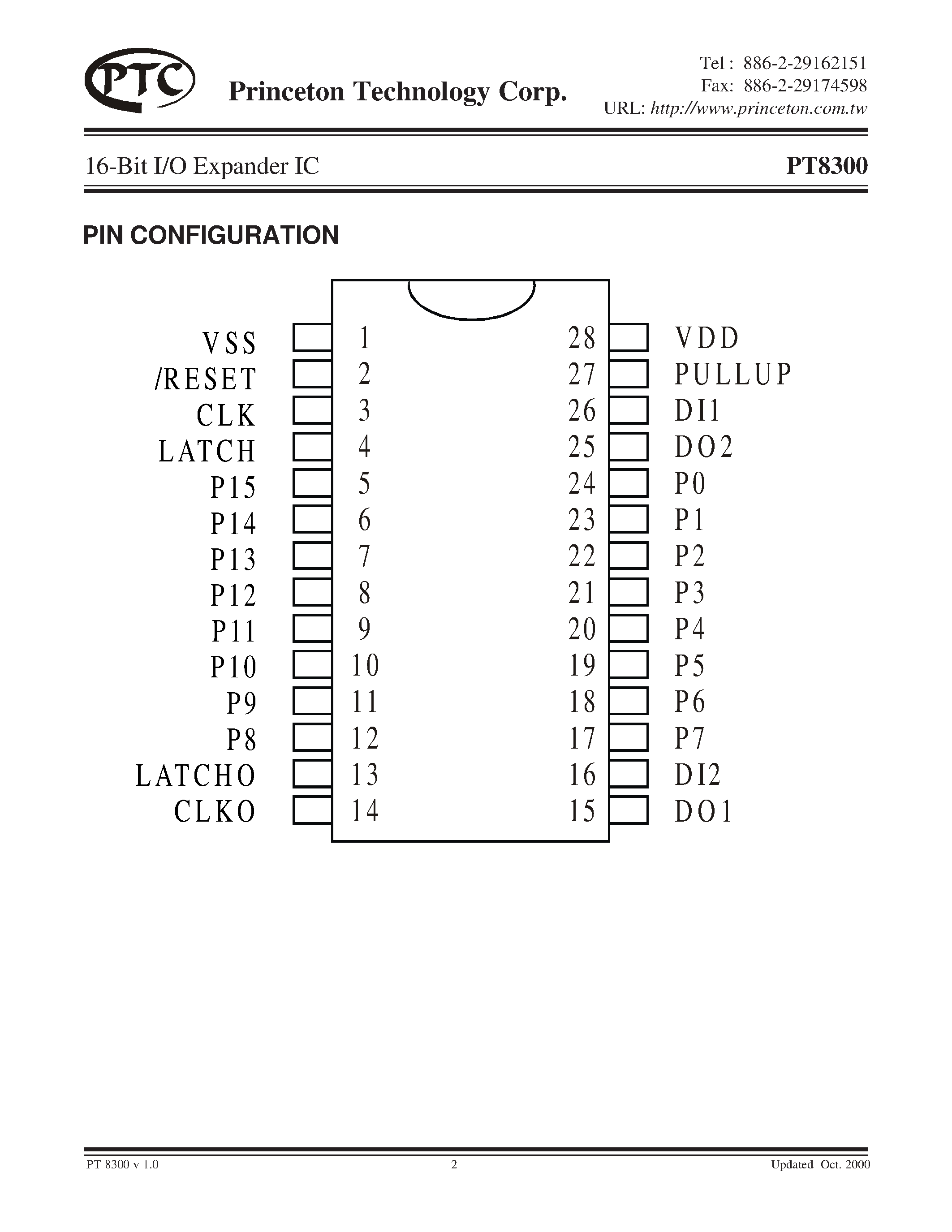 Datasheet PT8300 - 16-Bit I/O Expander IC page 2