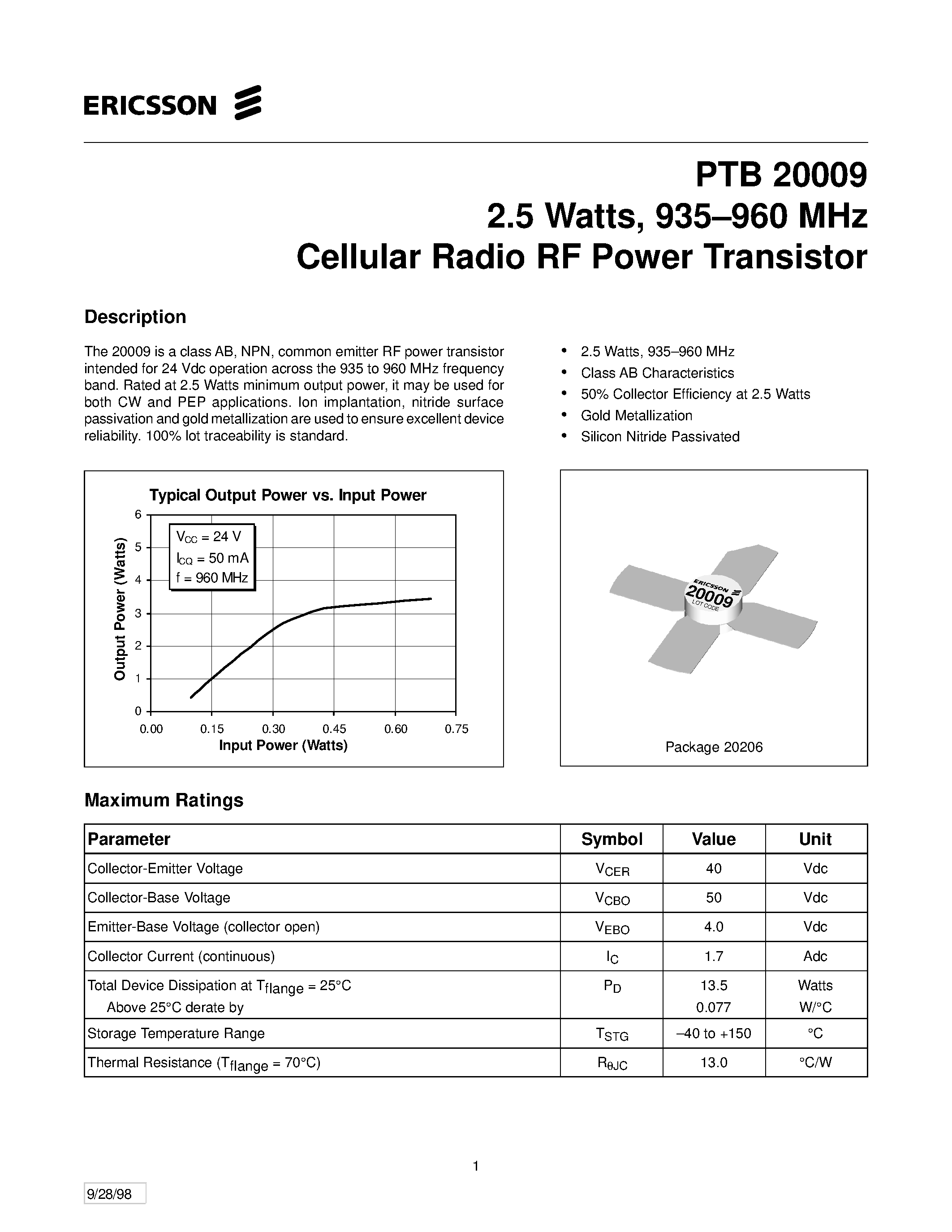 Даташит PTB20009 - 2.5 Watts/ 935-960 MHz Cellular Radio RF Power Transistor страница 1