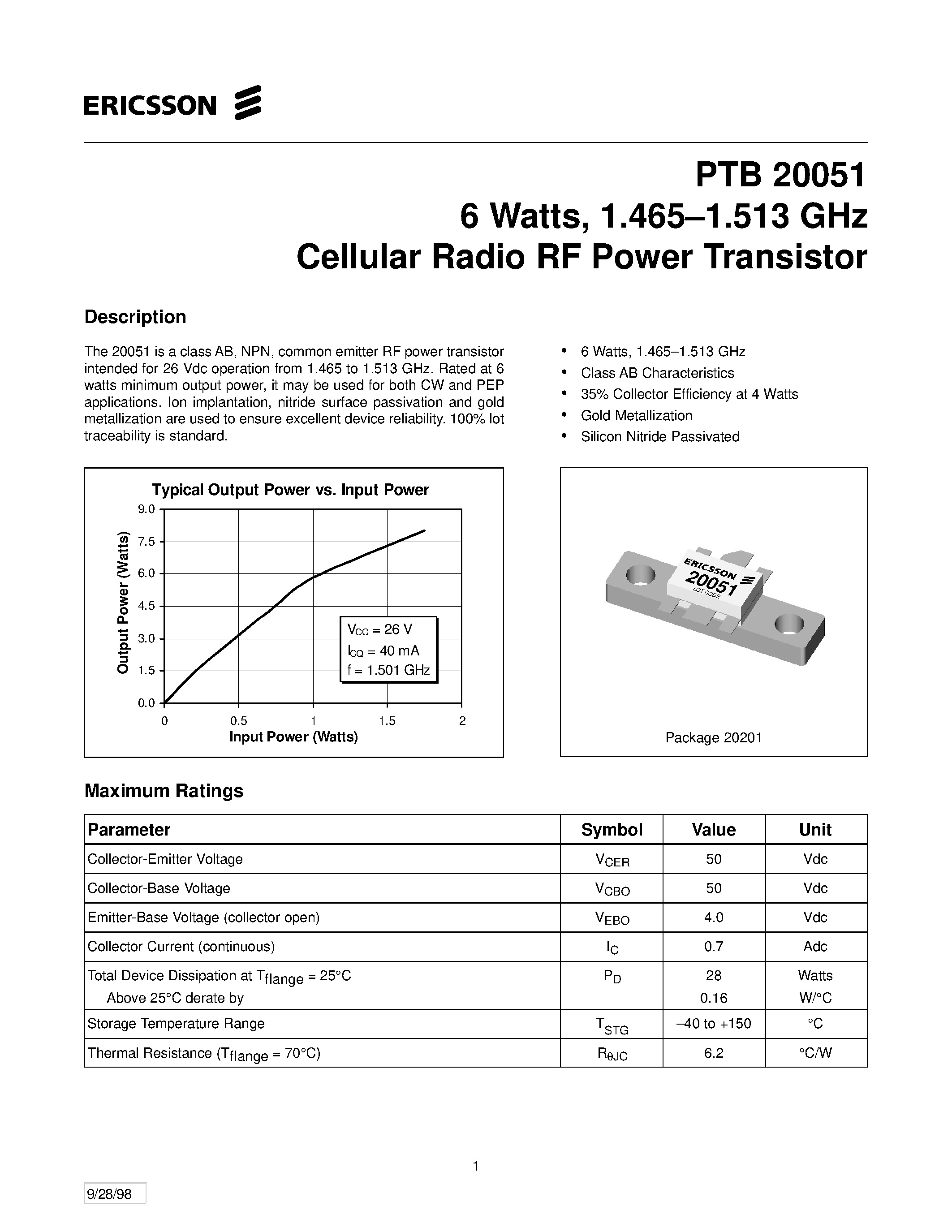 Даташит PTB20051 - 6 Watts/ 1.465-1.513 GHz Cellular Radio RF Power Transistor страница 1