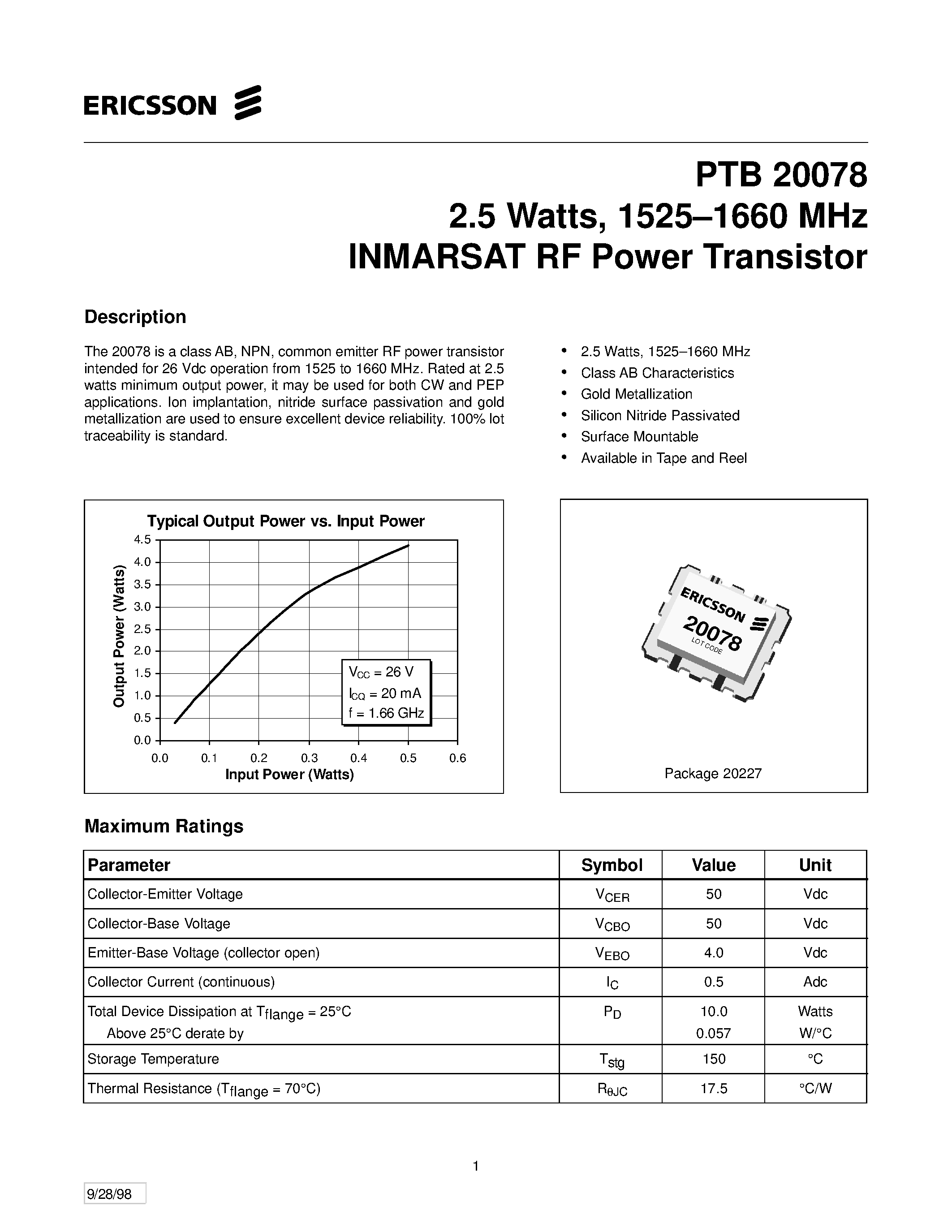 Даташит PTB20078 - 2.5 Watts/ 1525-1660 MHz INMARSAT RF Power Transistor страница 1