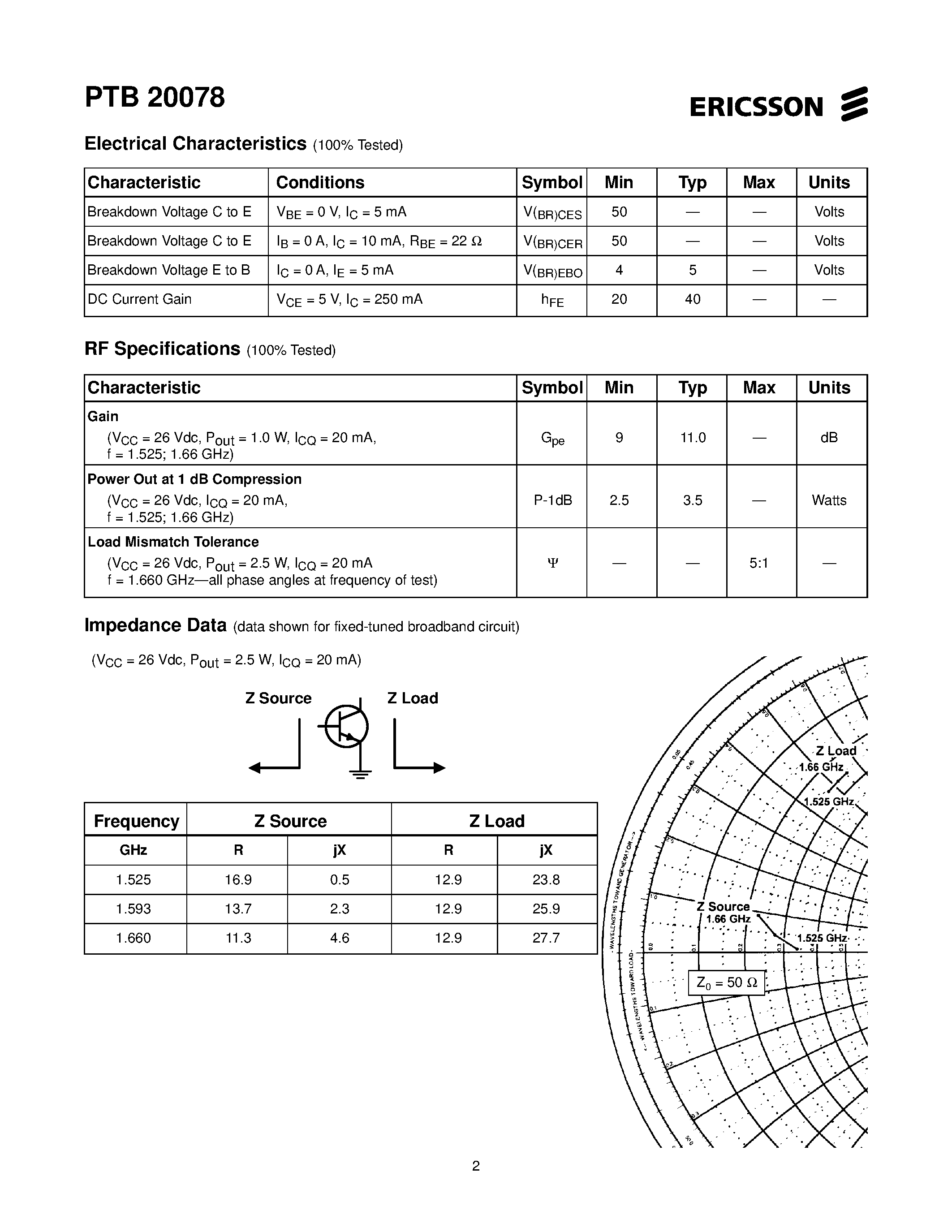 Даташит PTB20078 - 2.5 Watts/ 1525-1660 MHz INMARSAT RF Power Transistor страница 2