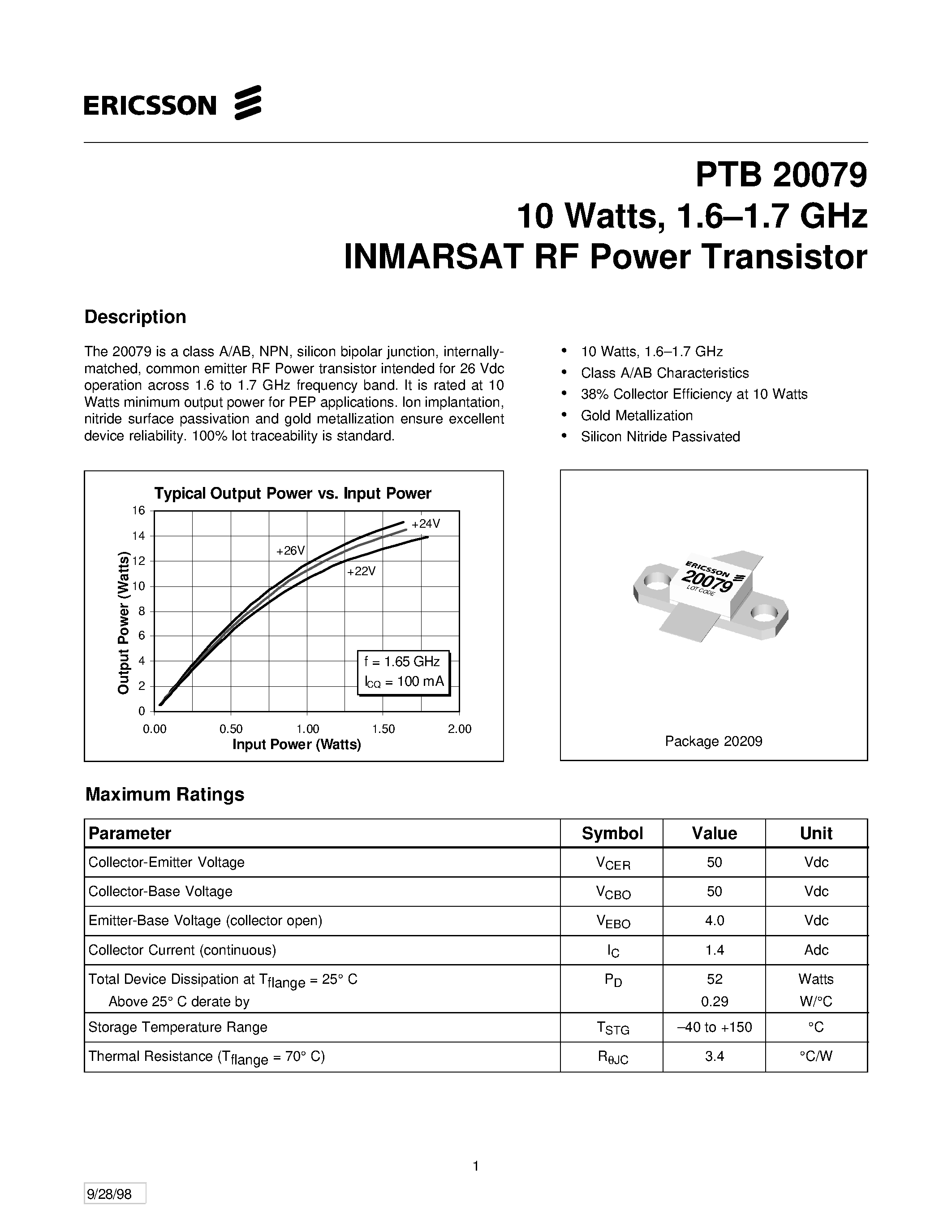 Datasheet PTB20079 - 10 Watts/ 1.6-1.7 GHz INMARSAT RF Power Transistor page 1