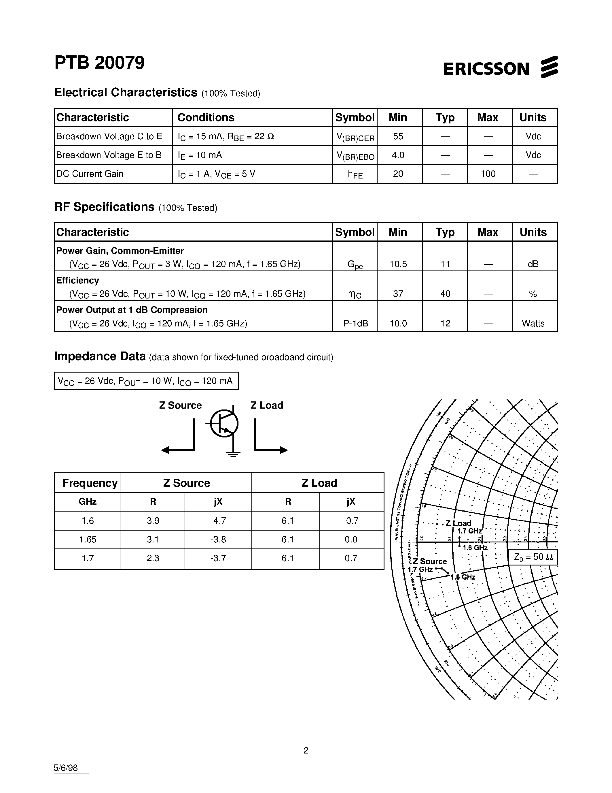 Datasheet PTB20079 - 10 Watts/ 1.6-1.7 GHz INMARSAT RF Power Transistor page 2