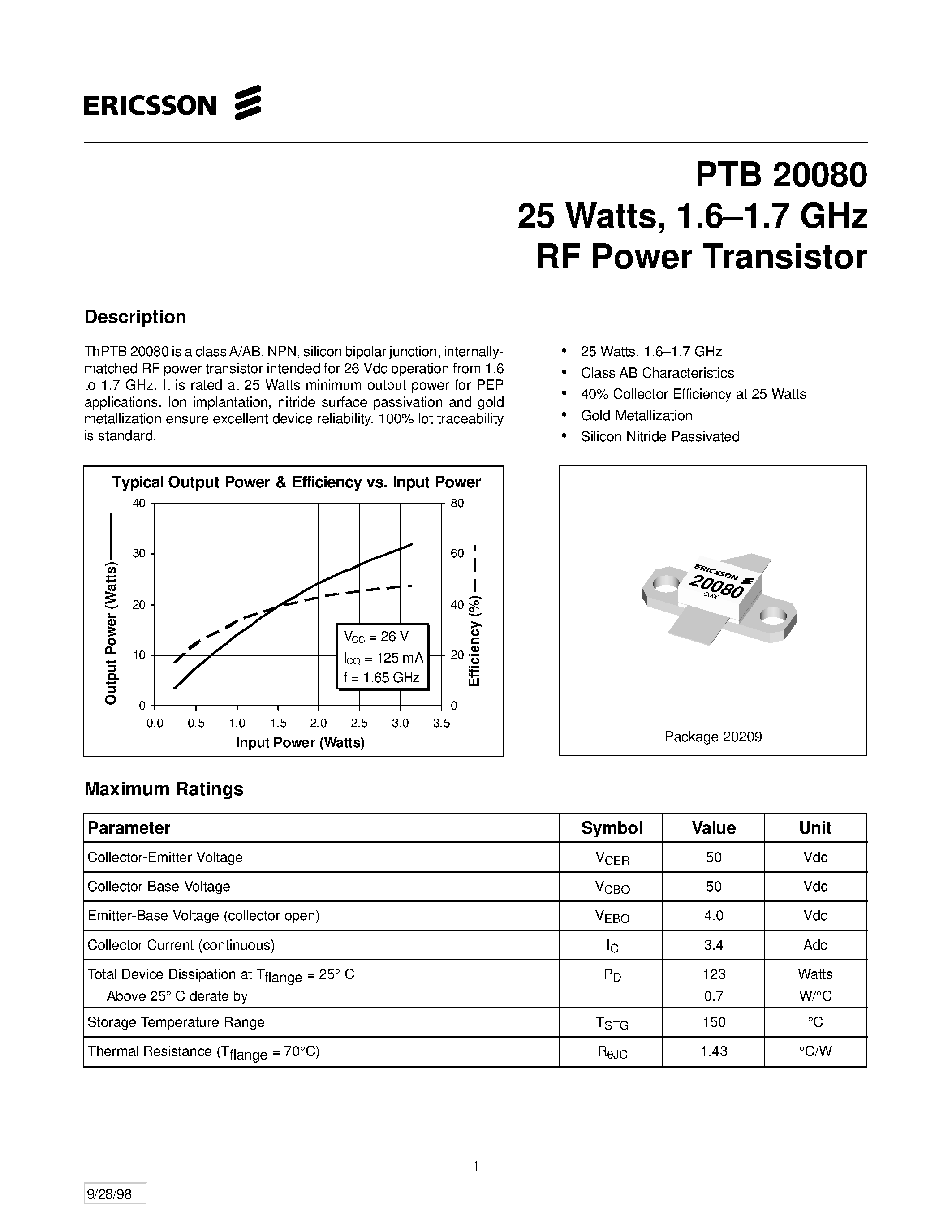 Datasheet PTB20080 - 25 Watts/ 1.6-1.7 GHz RF Power Transistor page 1