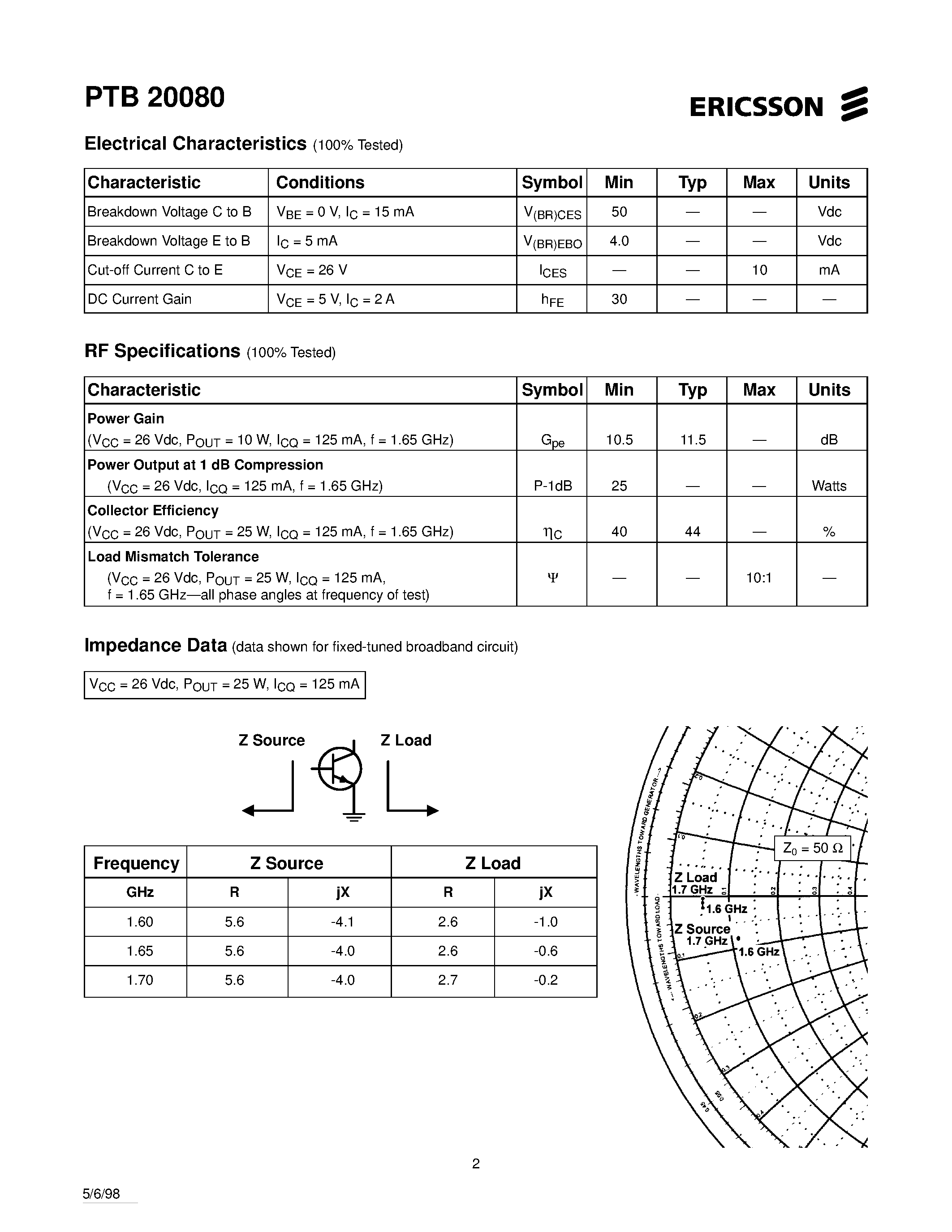 Datasheet PTB20080 - 25 Watts/ 1.6-1.7 GHz RF Power Transistor page 2