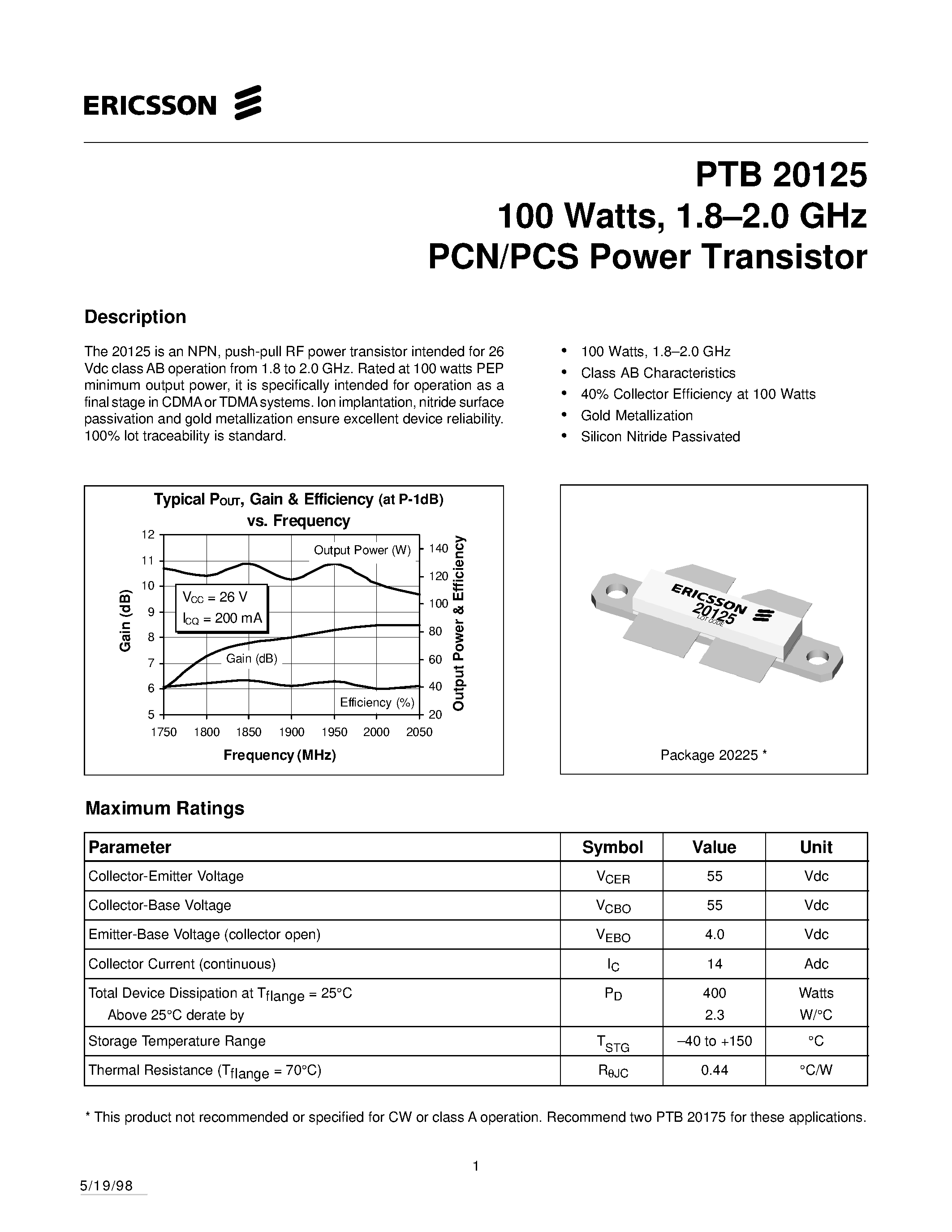 Даташит PTB20125 - 100 Watts/ 1.8-2.0 GHz PCN/PCS Power Transistor страница 1