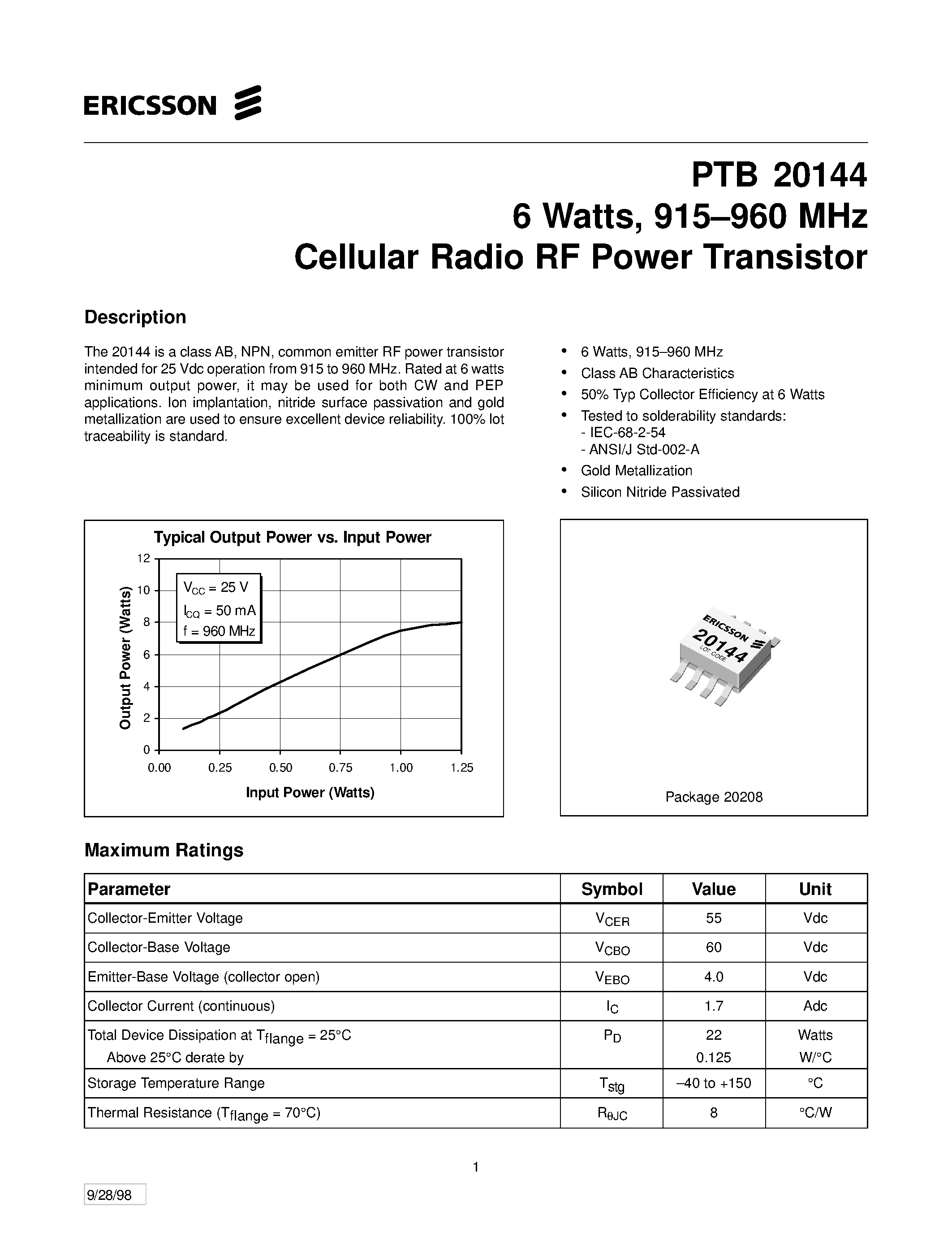 Даташит PTB20144 - 6 Watts/ 915-960 MHz Cellular Radio RF Power Transistor страница 1