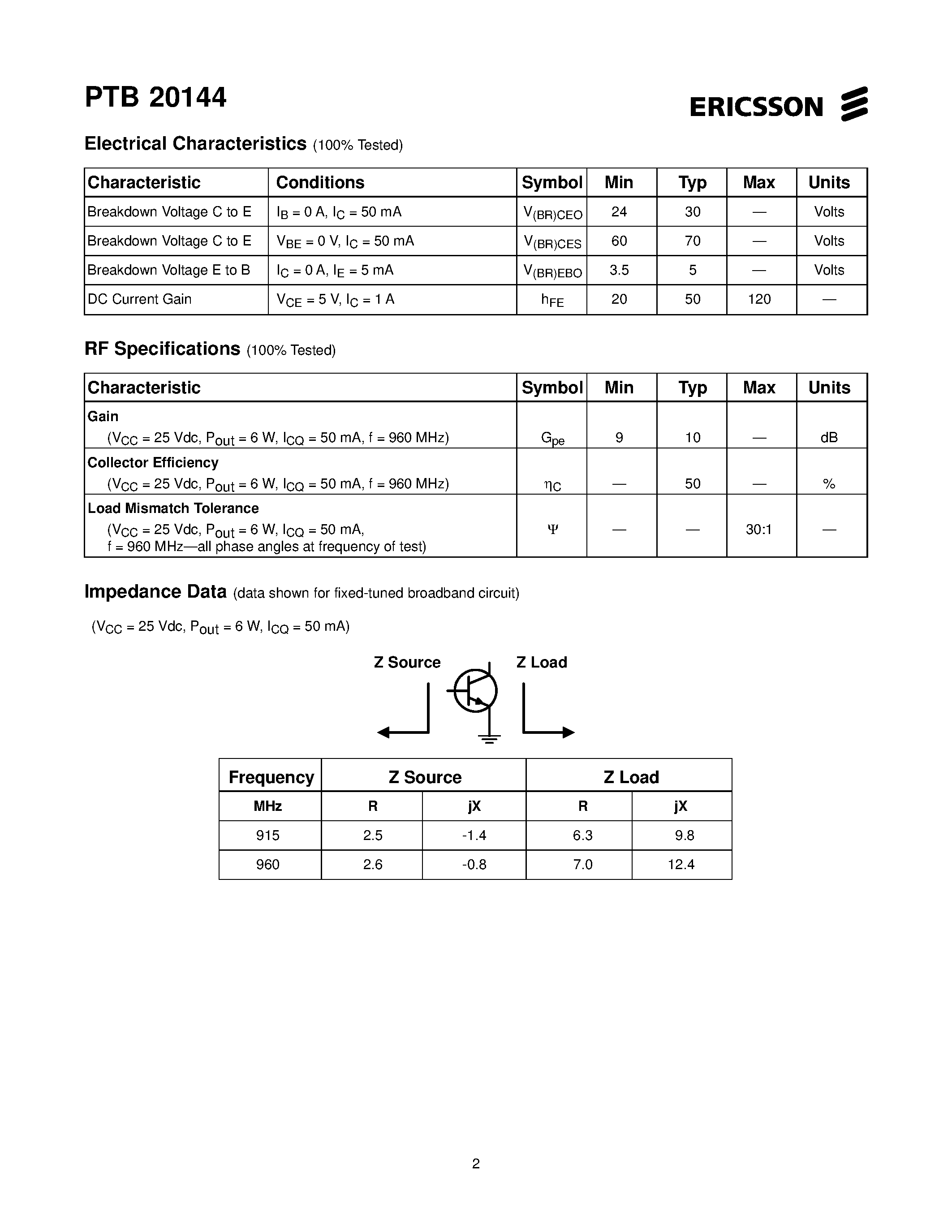 Даташит PTB20144 - 6 Watts/ 915-960 MHz Cellular Radio RF Power Transistor страница 2