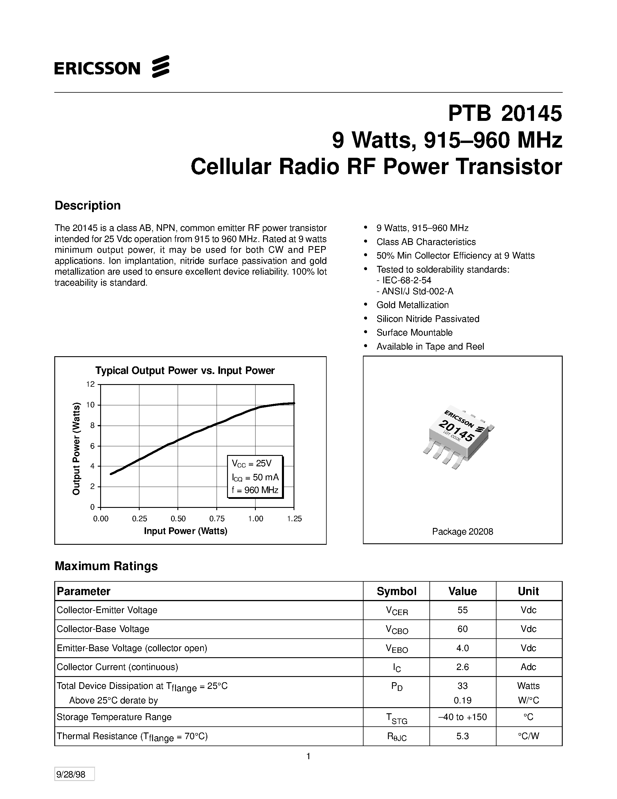 Datasheet PTB20145 - 9 Watts/ 915-960 MHz Cellular Radio RF Power Transistor page 1