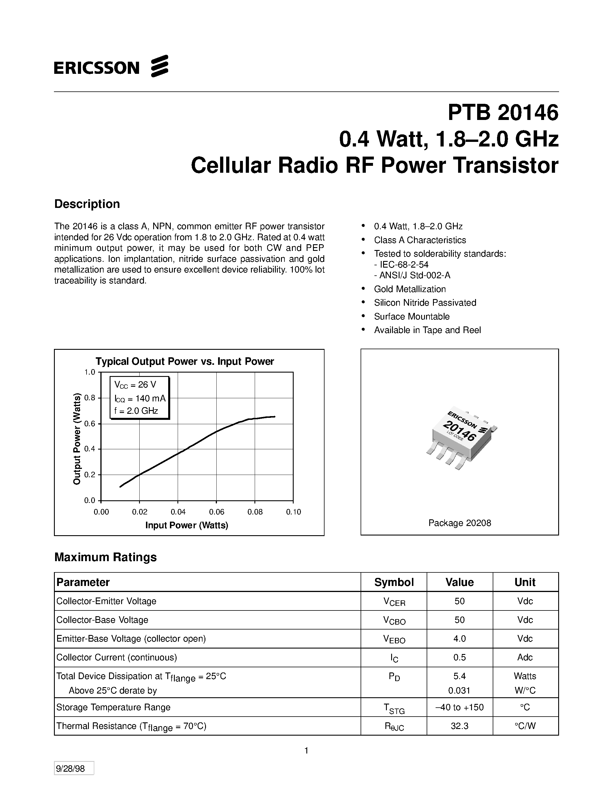 Даташит PTB20146 - 0.4 Watt/ 1.8-2.0 GHz Cellular Radio RF Power Transistor страница 1