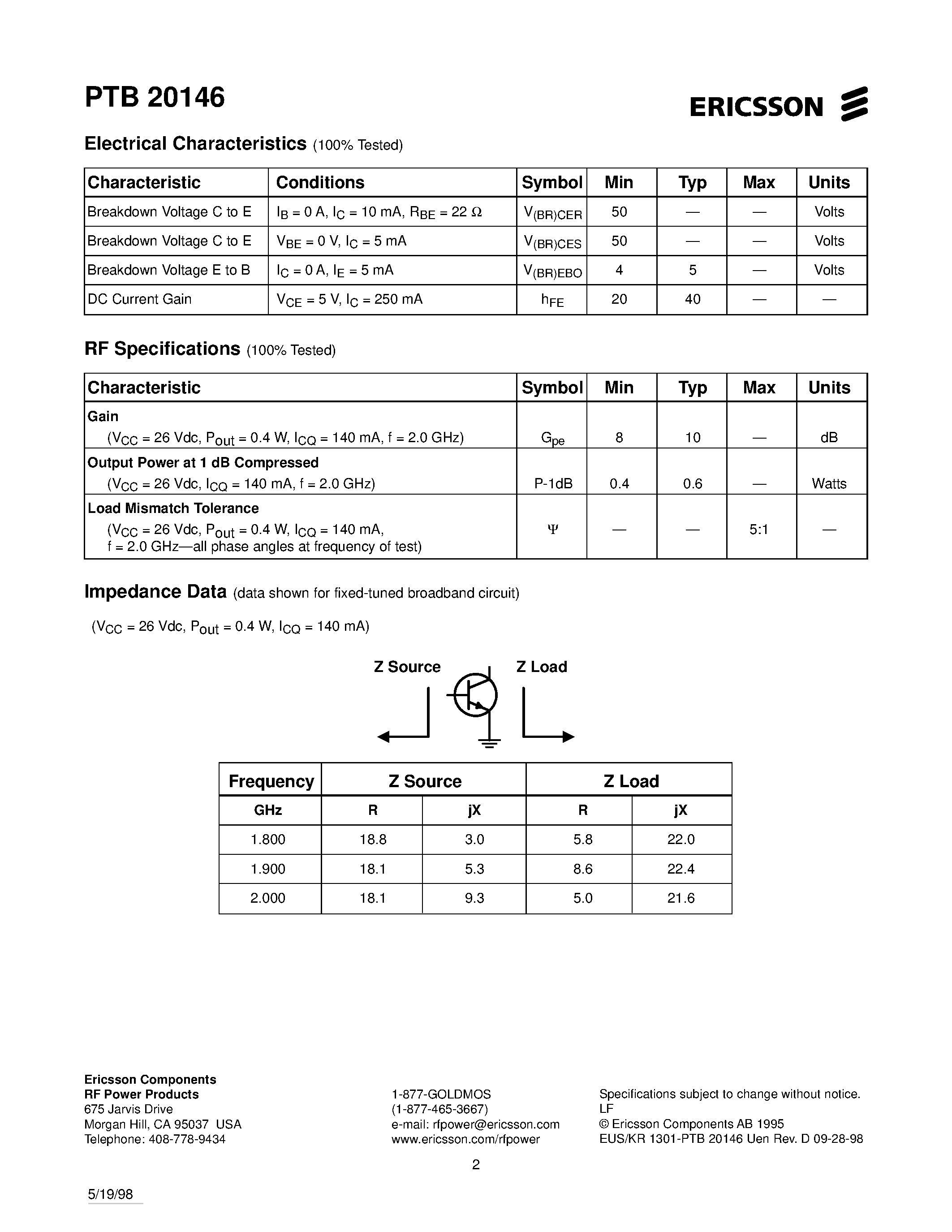 Даташит PTB20146 - 0.4 Watt/ 1.8-2.0 GHz Cellular Radio RF Power Transistor страница 2