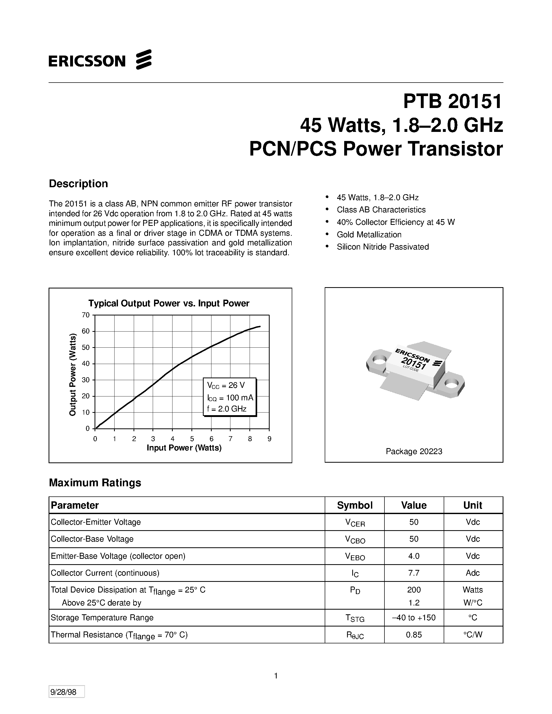 Даташит PTB20151 - 45 Watts/ 1.8-2.0 GHz PCN/PCS Power Transistor страница 1