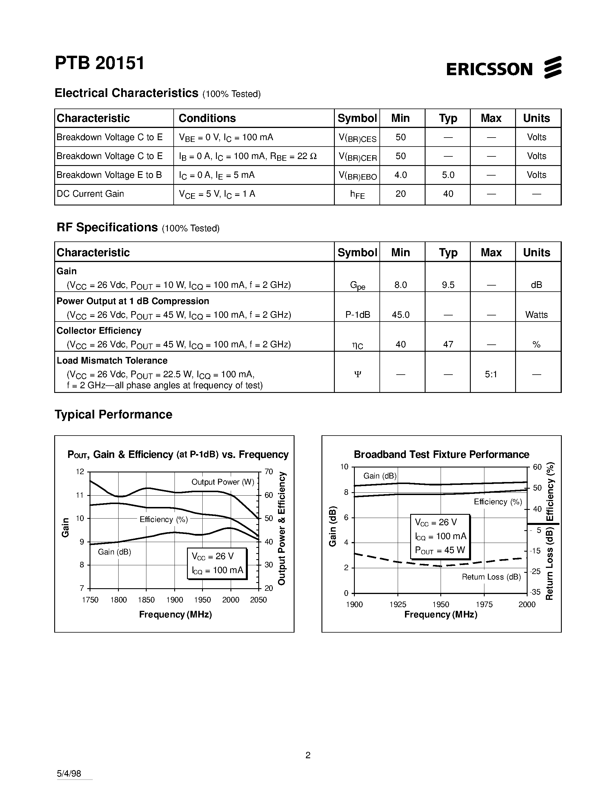 Даташит PTB20151 - 45 Watts/ 1.8-2.0 GHz PCN/PCS Power Transistor страница 2