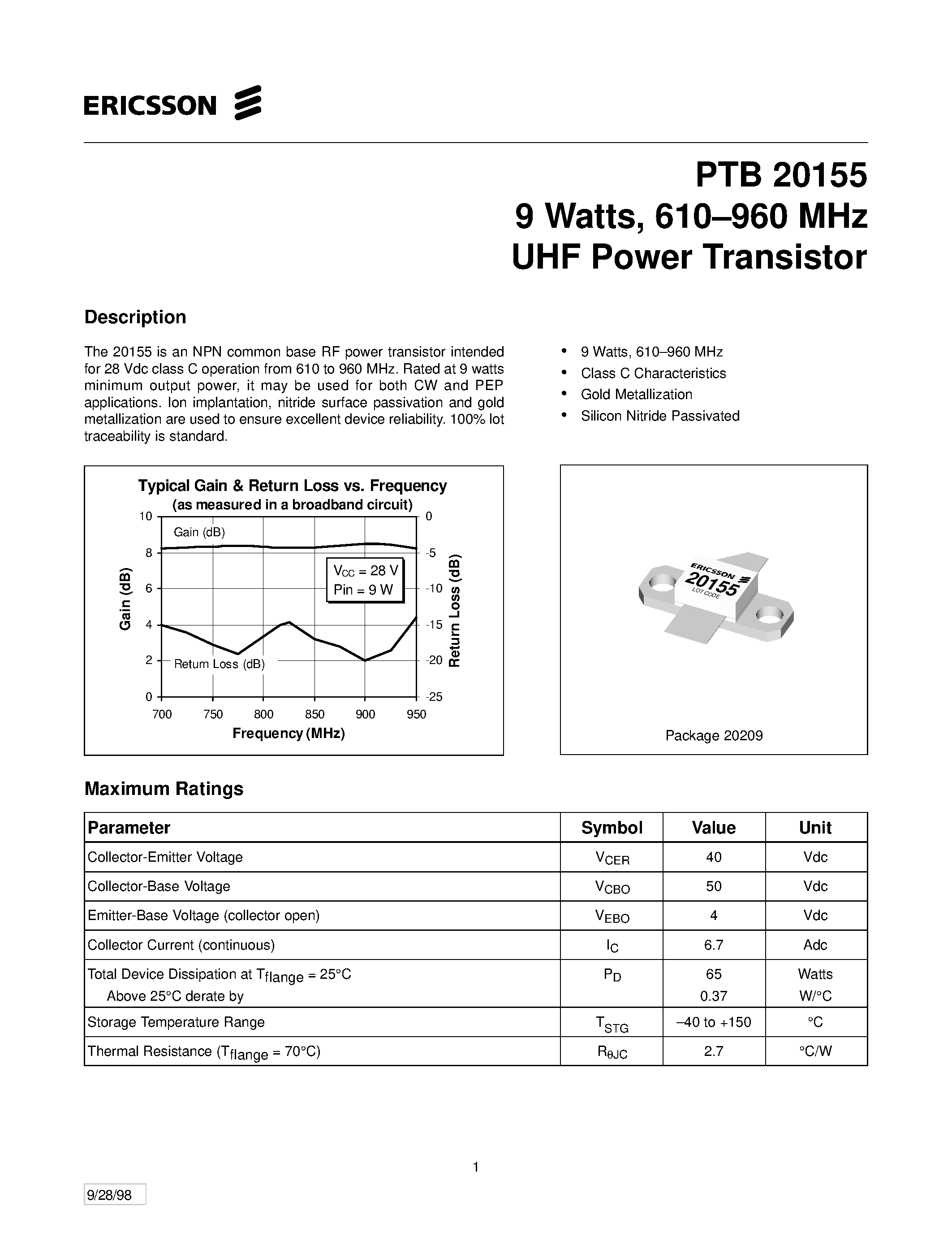 Даташит PTB20155 - 9 Watts/ 610-960 MHz UHF Power Transistor страница 1