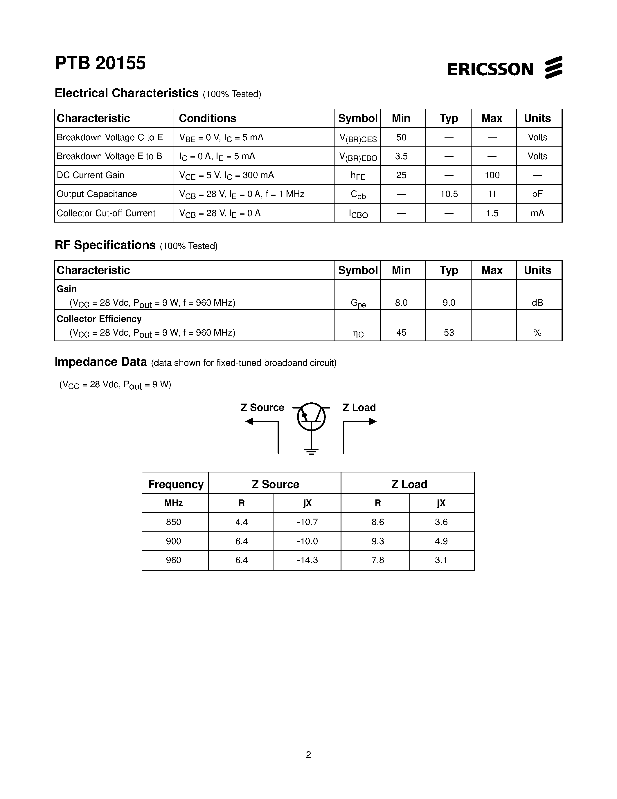 Даташит PTB20155 - 9 Watts/ 610-960 MHz UHF Power Transistor страница 2