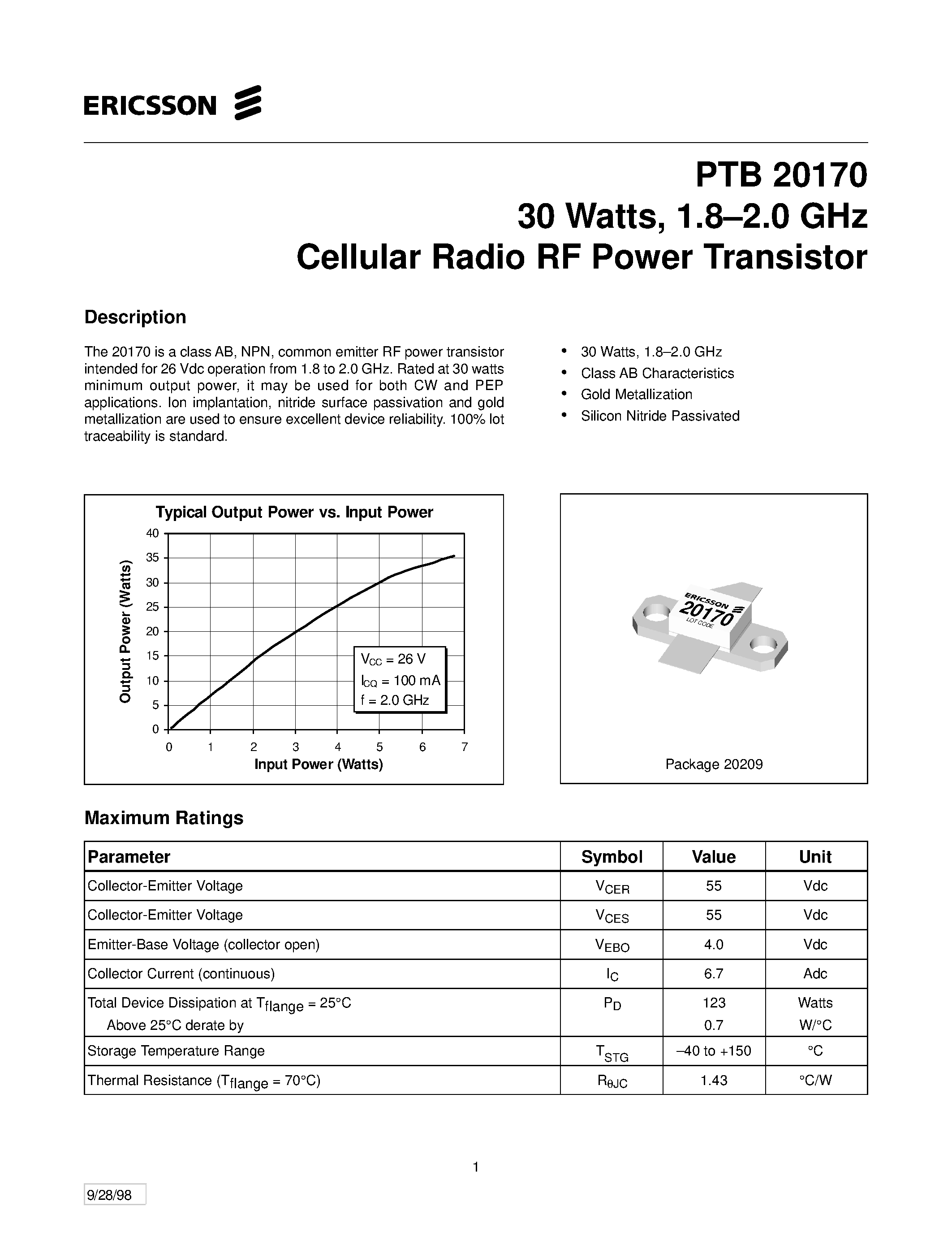 Даташит PTB20170 - 30 Watts/ 1.8-2.0 GHz Cellular Radio RF Power Transistor страница 1