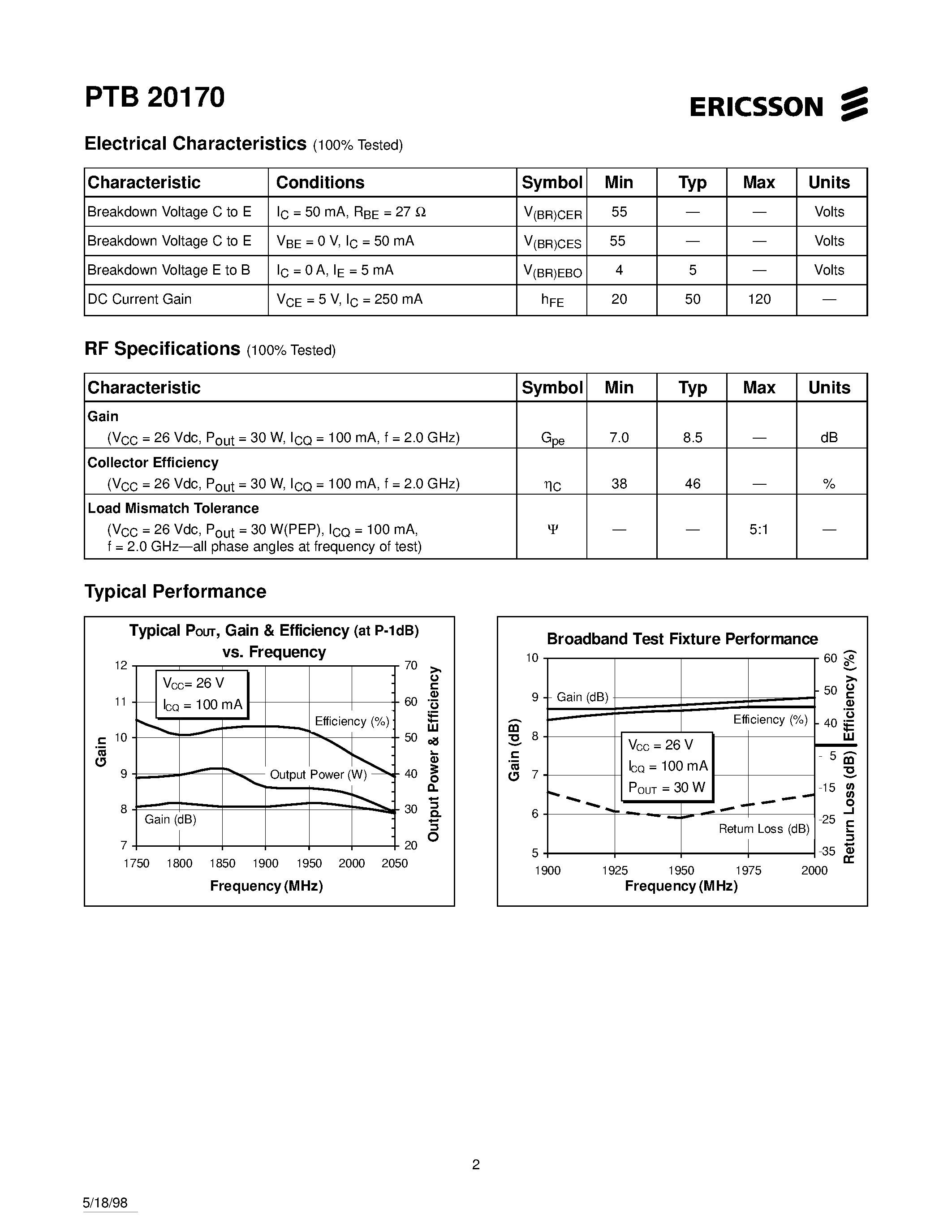 Даташит PTB20170 - 30 Watts/ 1.8-2.0 GHz Cellular Radio RF Power Transistor страница 2