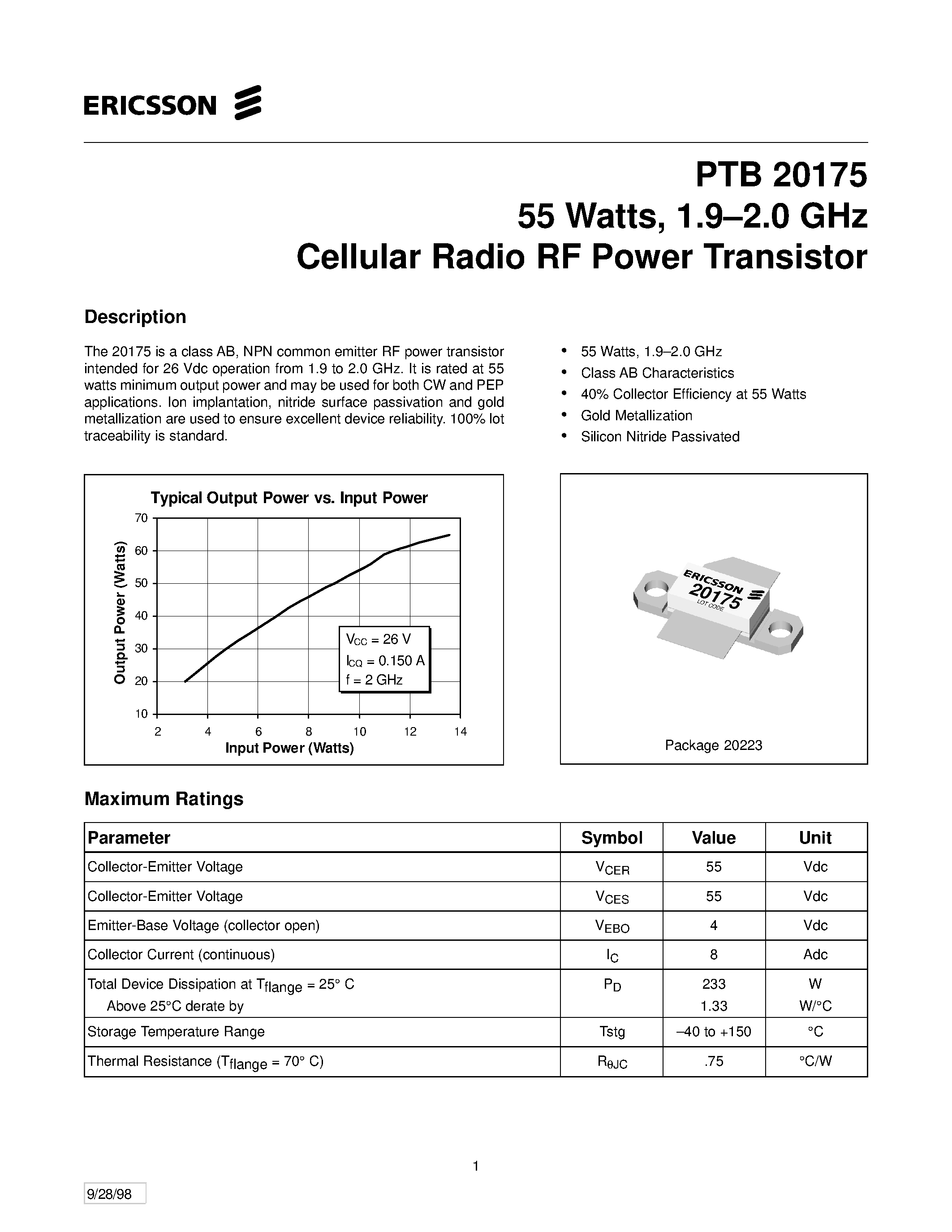 Даташит PTB20175 - 55 Watts/ 1.9-2.0 GHz Cellular Radio RF Power Transistor страница 1