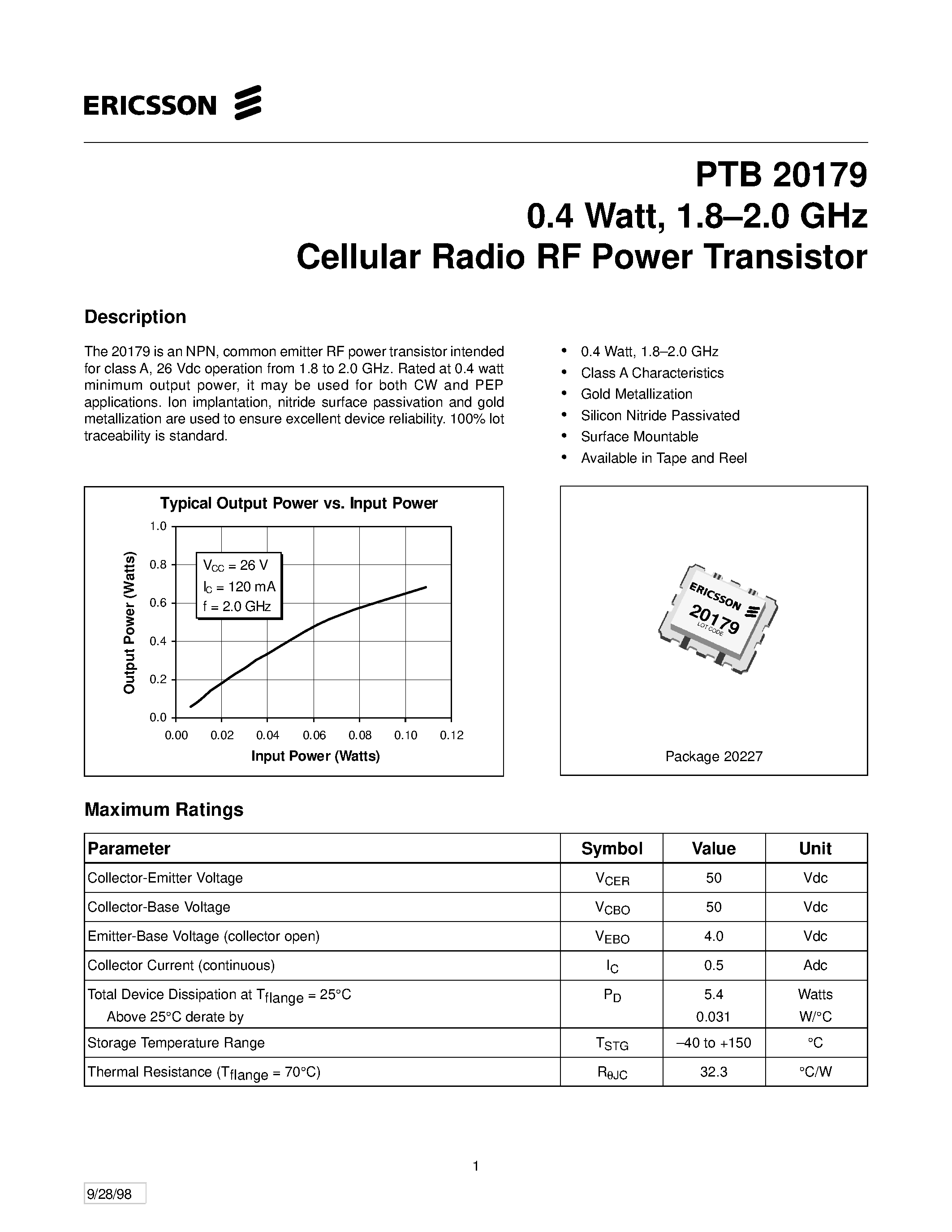 Даташит PTB20179 - 0.4 Watt/ 1.8-2.0 GHz Cellular Radio RF Power Transistor страница 1