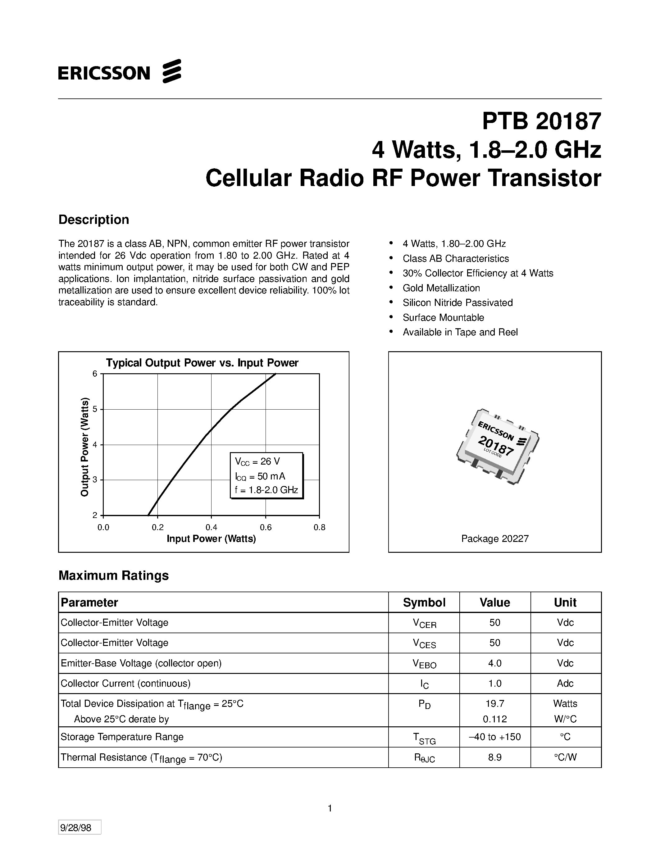 Даташит PTB20187 - 4 Watts/ 1.8-2.0 GHz Cellular Radio RF Power Transistor страница 1