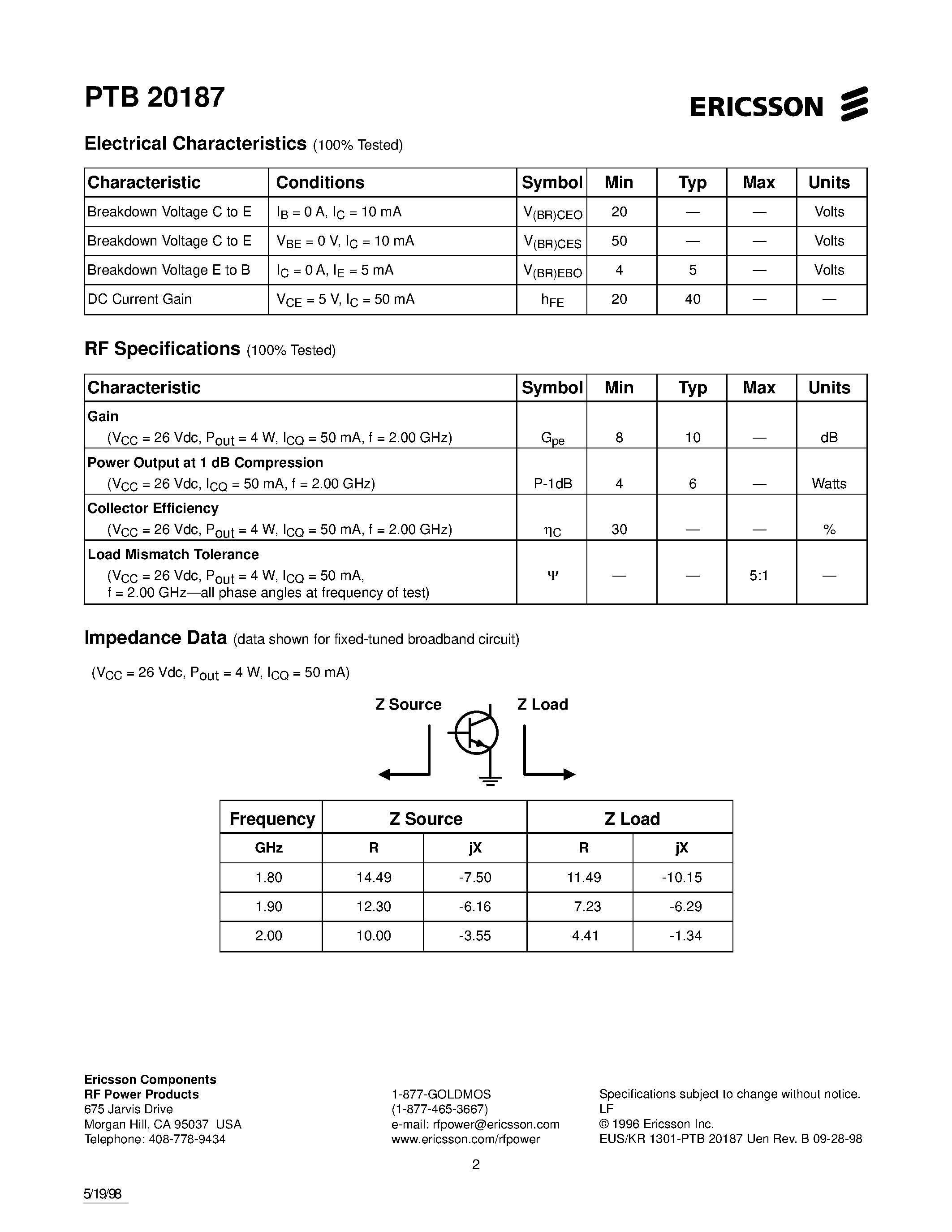 Даташит PTB20187 - 4 Watts/ 1.8-2.0 GHz Cellular Radio RF Power Transistor страница 2