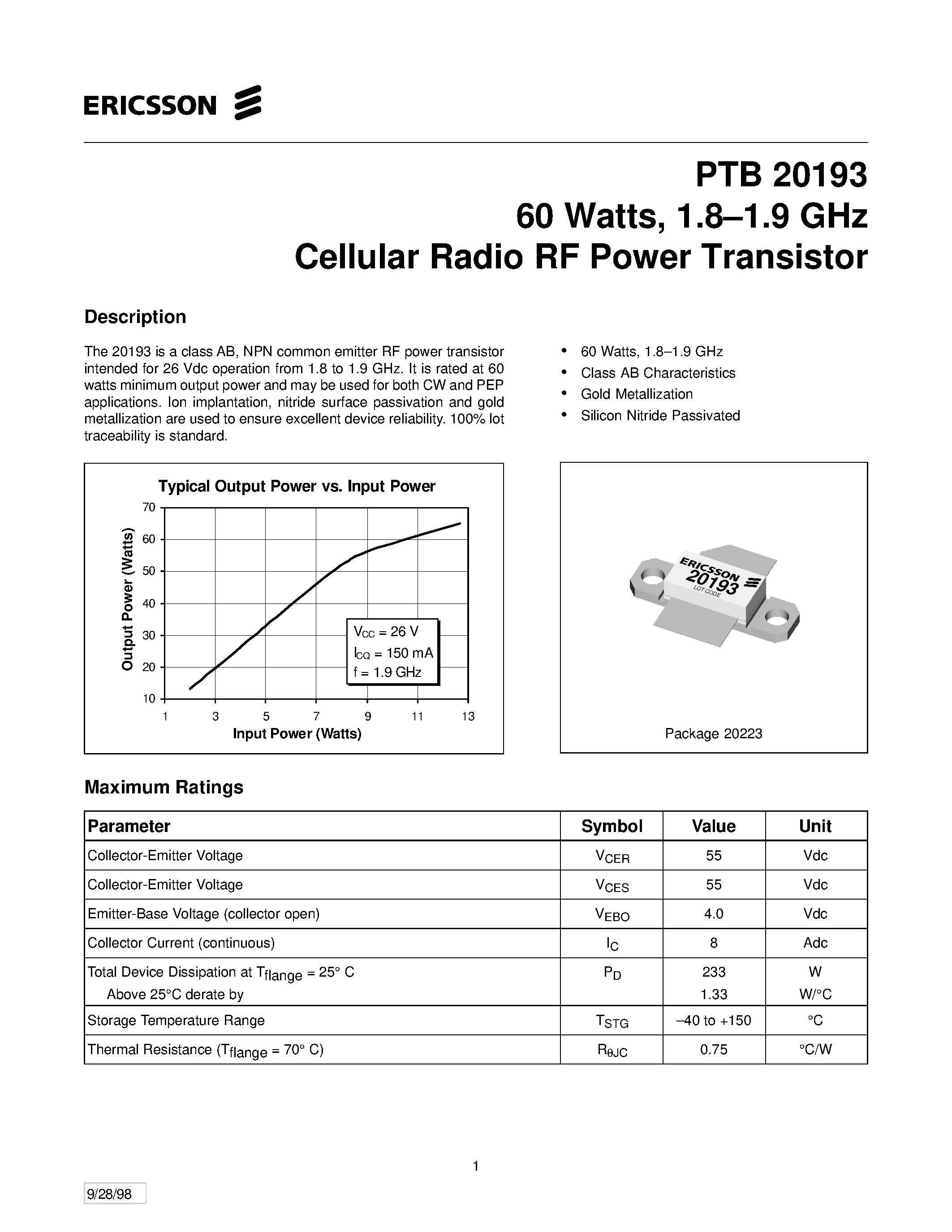 Datasheet PTB20193 - 60 Watts/ 1.8-1.9 GHz Cellular Radio RF Power Transistor page 1