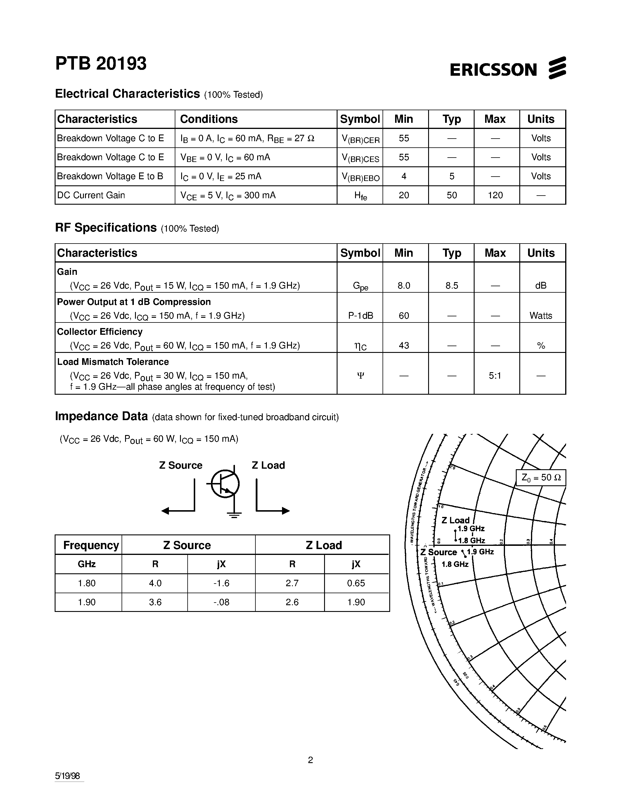 Datasheet PTB20193 - 60 Watts/ 1.8-1.9 GHz Cellular Radio RF Power Transistor page 2