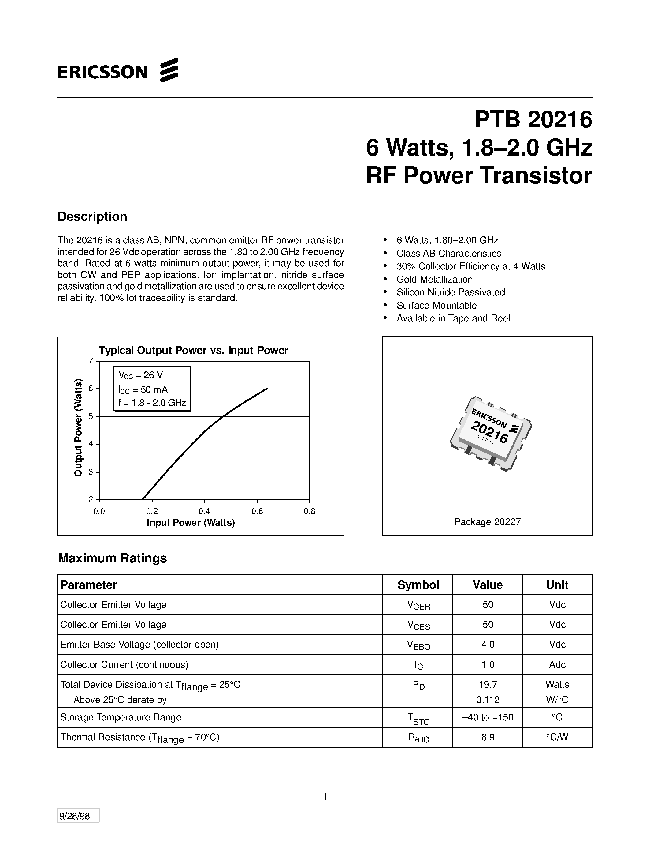 Даташит PTB20216 - 6 Watts/ 1.8-2.0 GHz RF Power Transistor страница 1