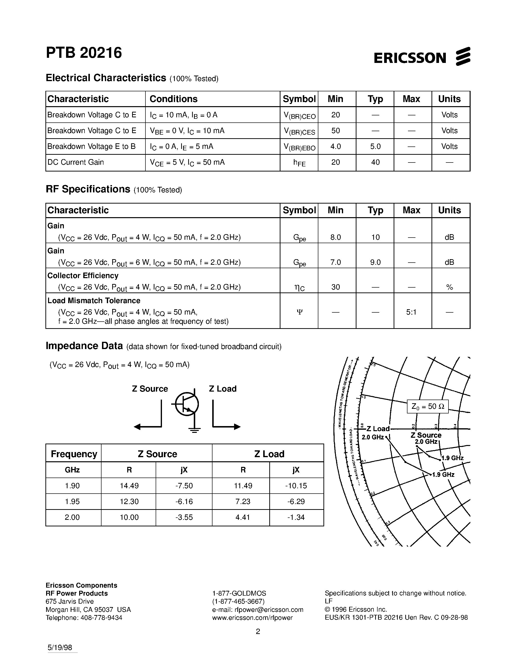 Даташит PTB20216 - 6 Watts/ 1.8-2.0 GHz RF Power Transistor страница 2