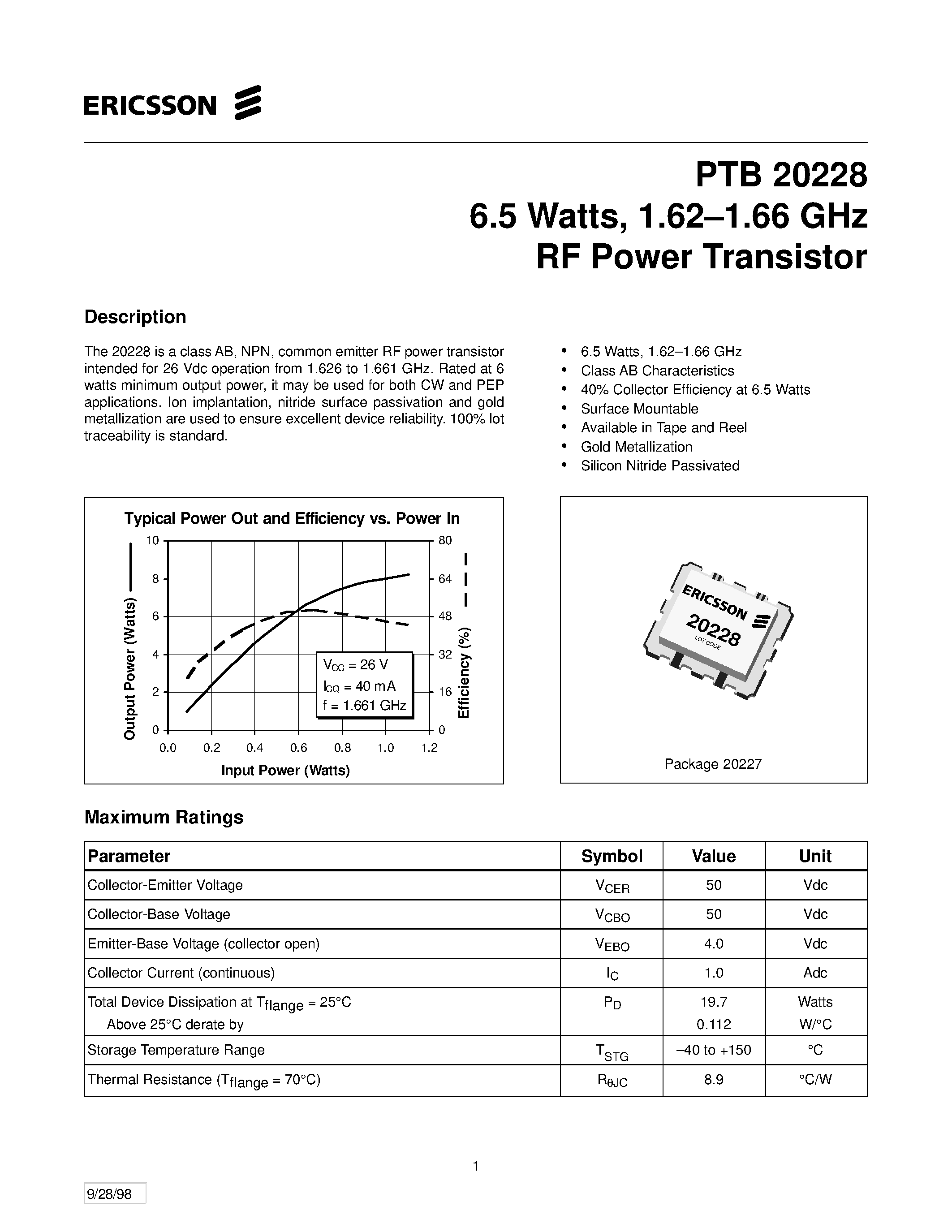 Даташит PTB20228 - 6.5 Watts/ 1.62-1.66 GHz RF Power Transistor страница 1