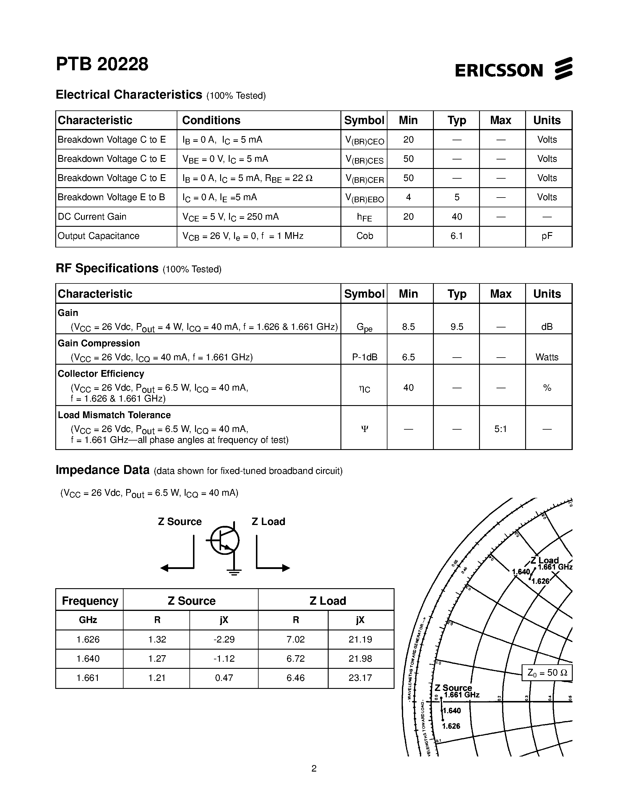 Даташит PTB20228 - 6.5 Watts/ 1.62-1.66 GHz RF Power Transistor страница 2