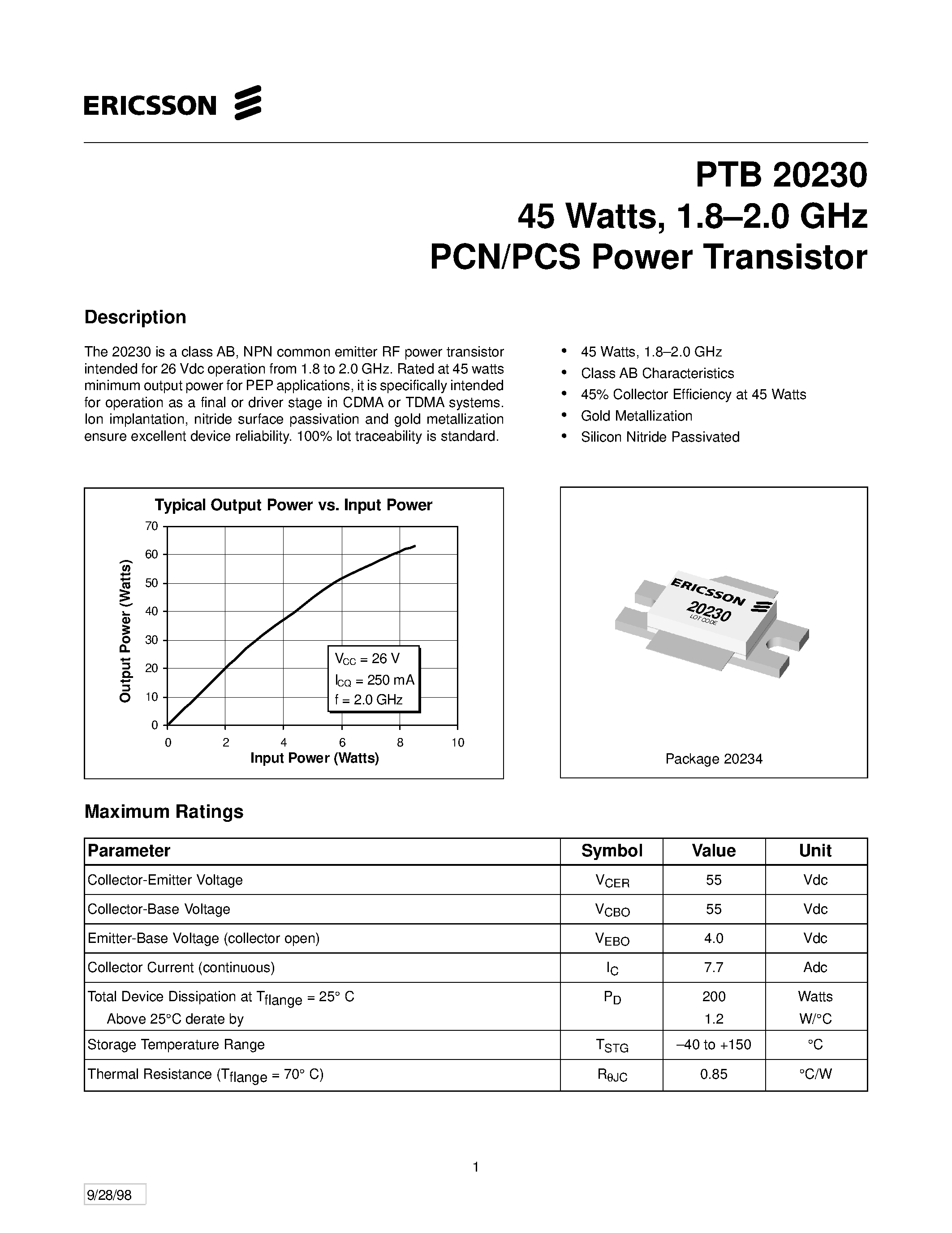 Даташит PTB20230 - 45 Watts/ 1.8-2.0 GHz PCN/PCS Power Transistor страница 1