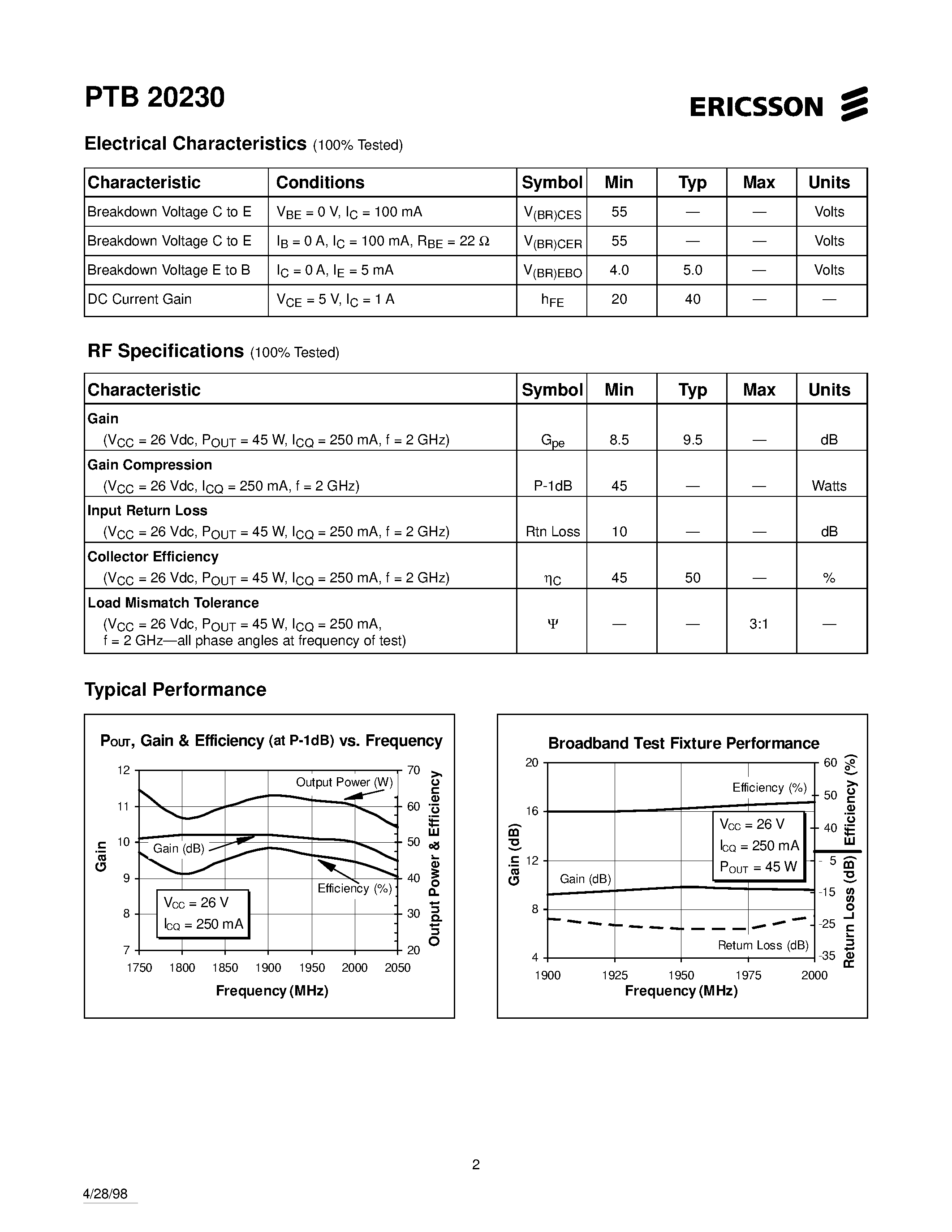 Даташит PTB20230 - 45 Watts/ 1.8-2.0 GHz PCN/PCS Power Transistor страница 2