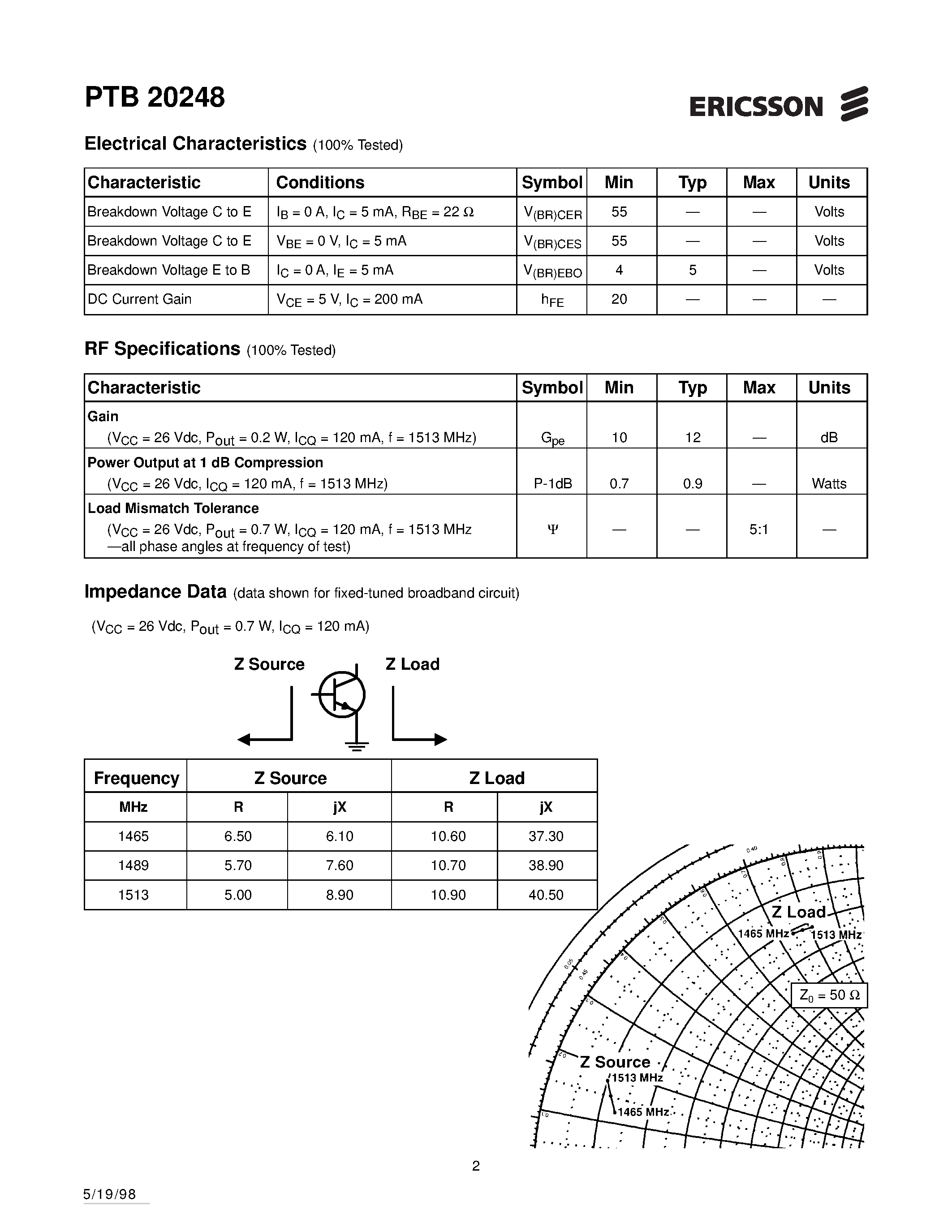 Datasheet PTB20248 - 0.7 Watts/ 1465-1513 MHz Cellular Radio RF Power Transistor page 2