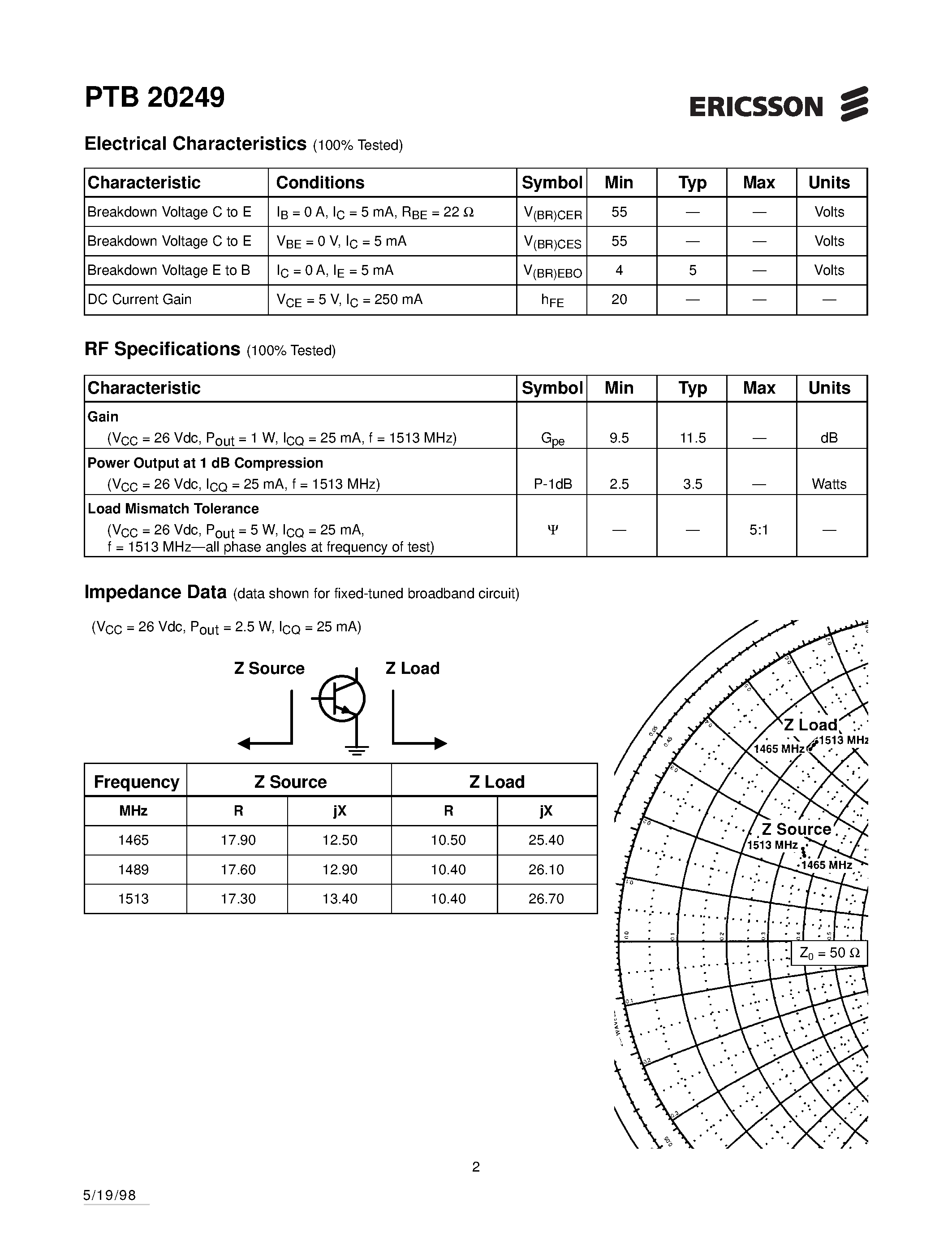 Даташит PTB20249 - 2.5 Watts/ 1465-1513 MHz Cellular Radio RF Power Transistor страница 2