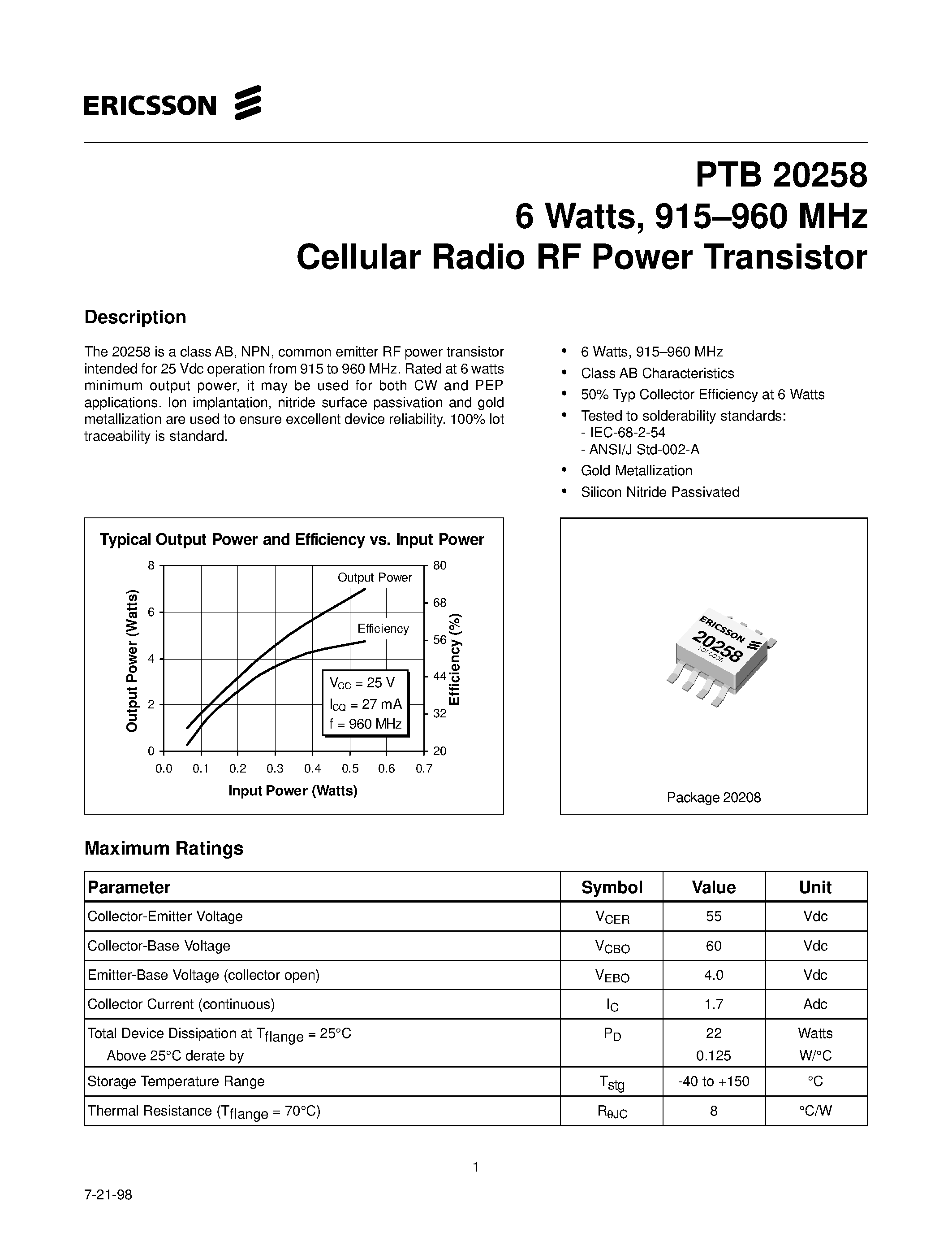 Даташит PTB20258 - 6 Watts/ 915-960 MHz Cellular Radio RF Power Transistor страница 1