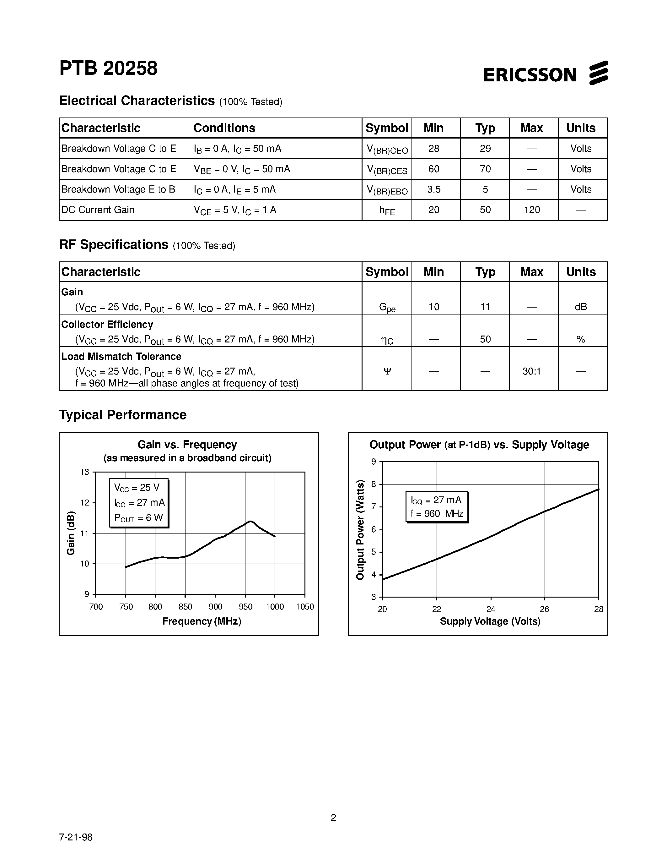 Даташит PTB20258 - 6 Watts/ 915-960 MHz Cellular Radio RF Power Transistor страница 2