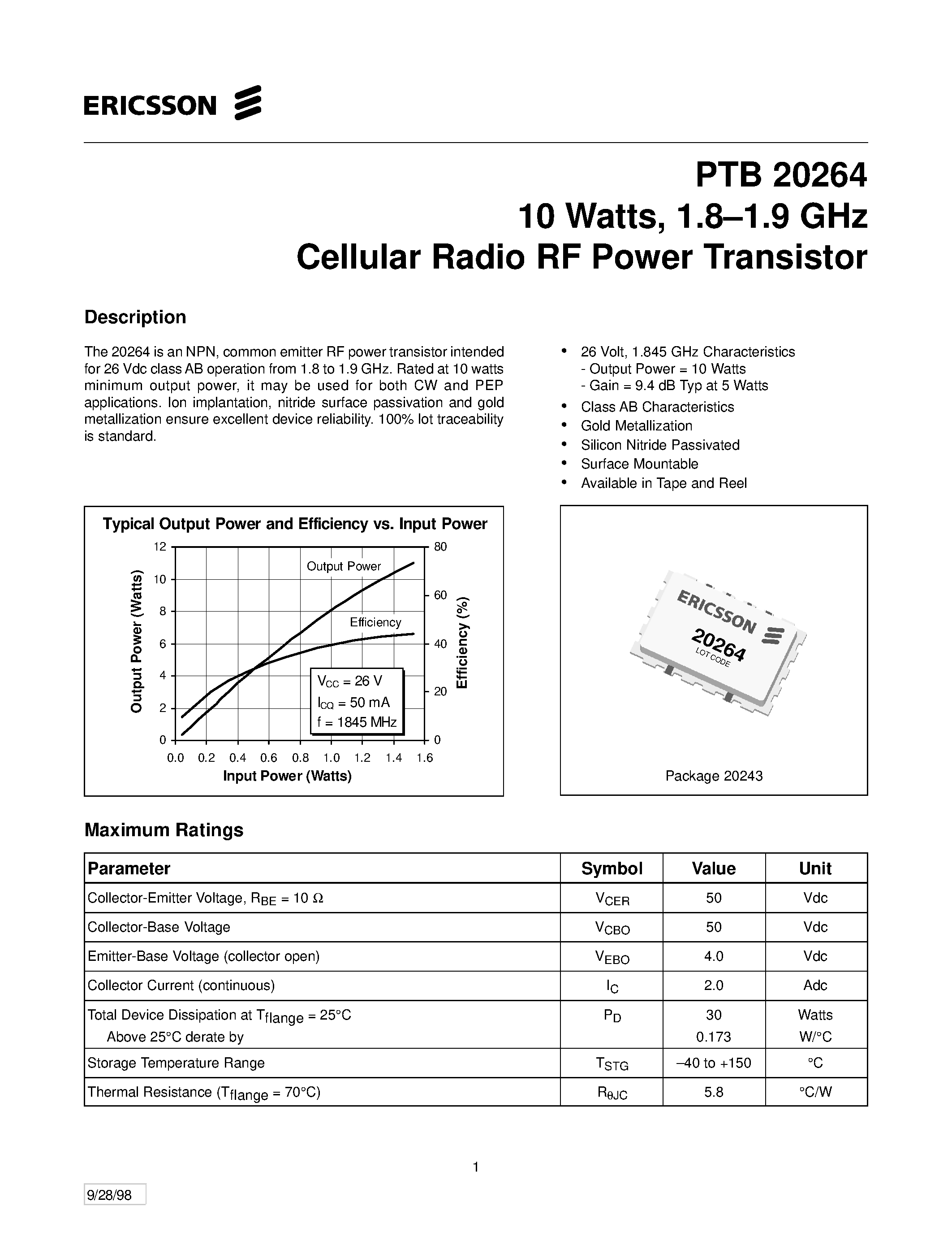 Datasheet PTB20264 - 10 Watts/ 1.8-1.9 GHz Cellular Radio RF Power Transistor page 1