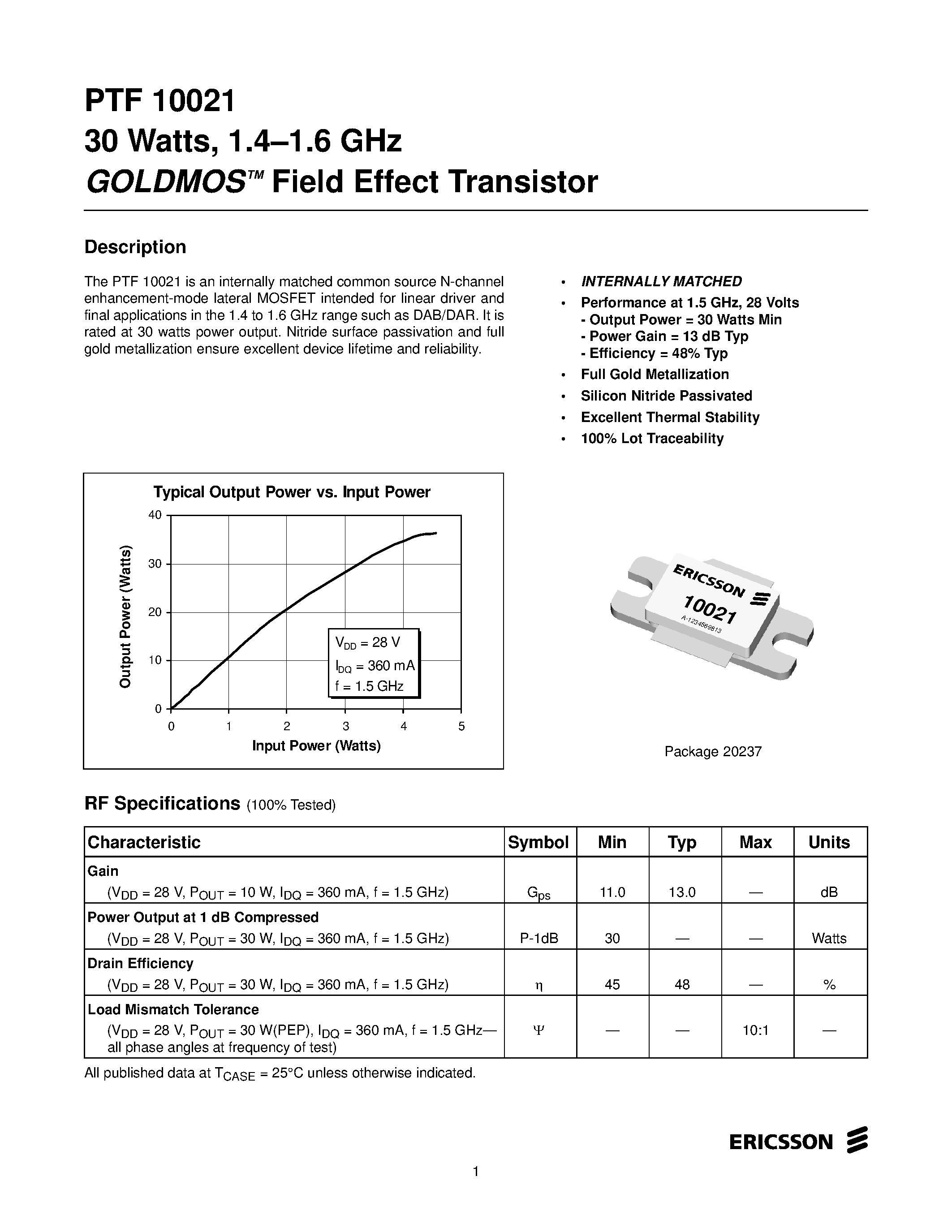 Даташит PTF10021 - 30 Watts/ 1.4-1.6 GHz GOLDMOS Field Effect Transistor страница 1